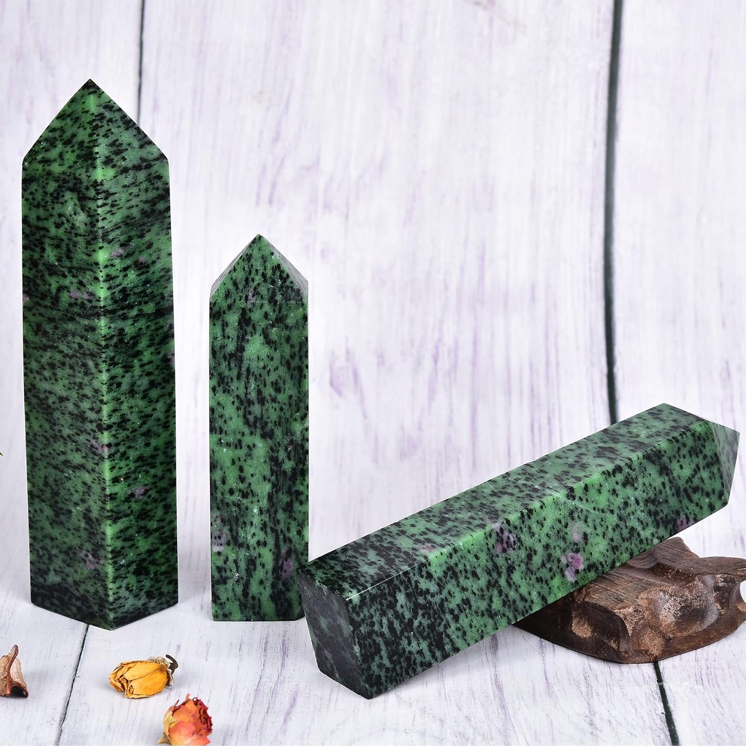 JIC Gem Varita de cristal curativo Rubí Zoisita Crystal Obelisco Torre Varita Rojo Verde Tesoro Minerales Decoración 1-1.3 lbs