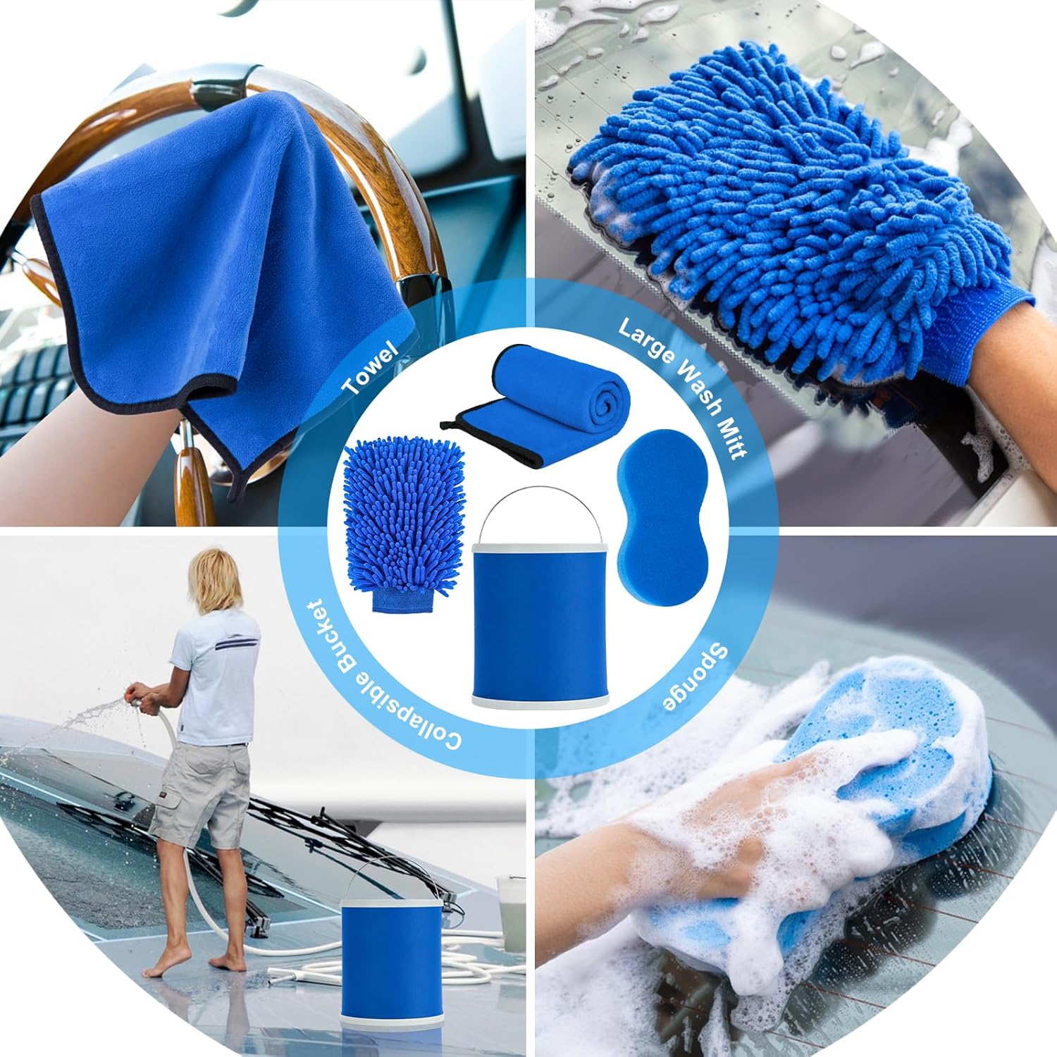 AUTODECO Kit de limpieza de lavado de barco de 13 piezas con kit de cepillo de taladro de cubo plegable, almohadillas de fregar, esponja de lavado,