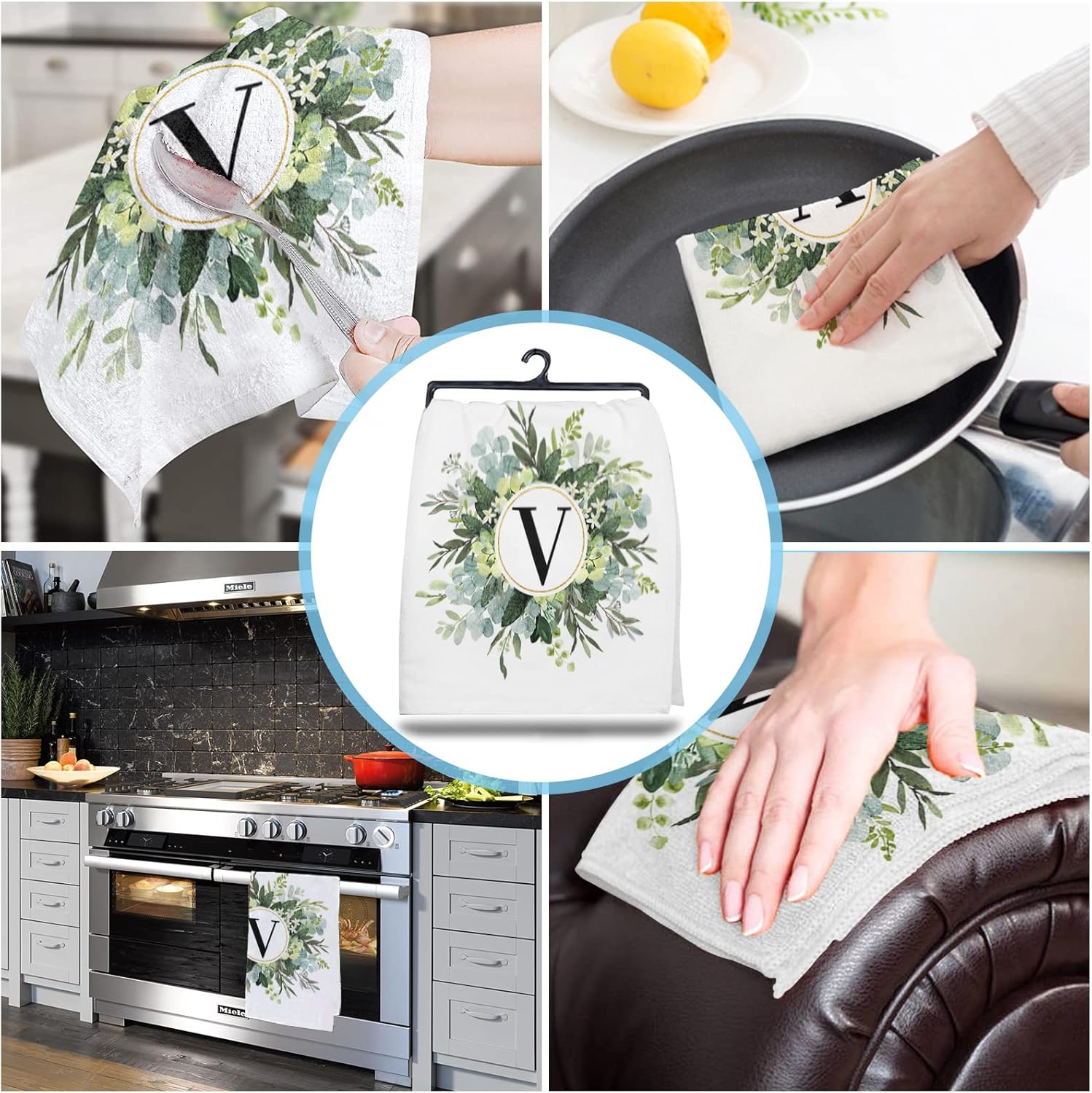 Juego de 1 juego de toallas de cocina y paños de cocina, monograma de letra V, acuarela, eucalipto, primavera, verano, rural, de 18 x 28 pulgadas,
