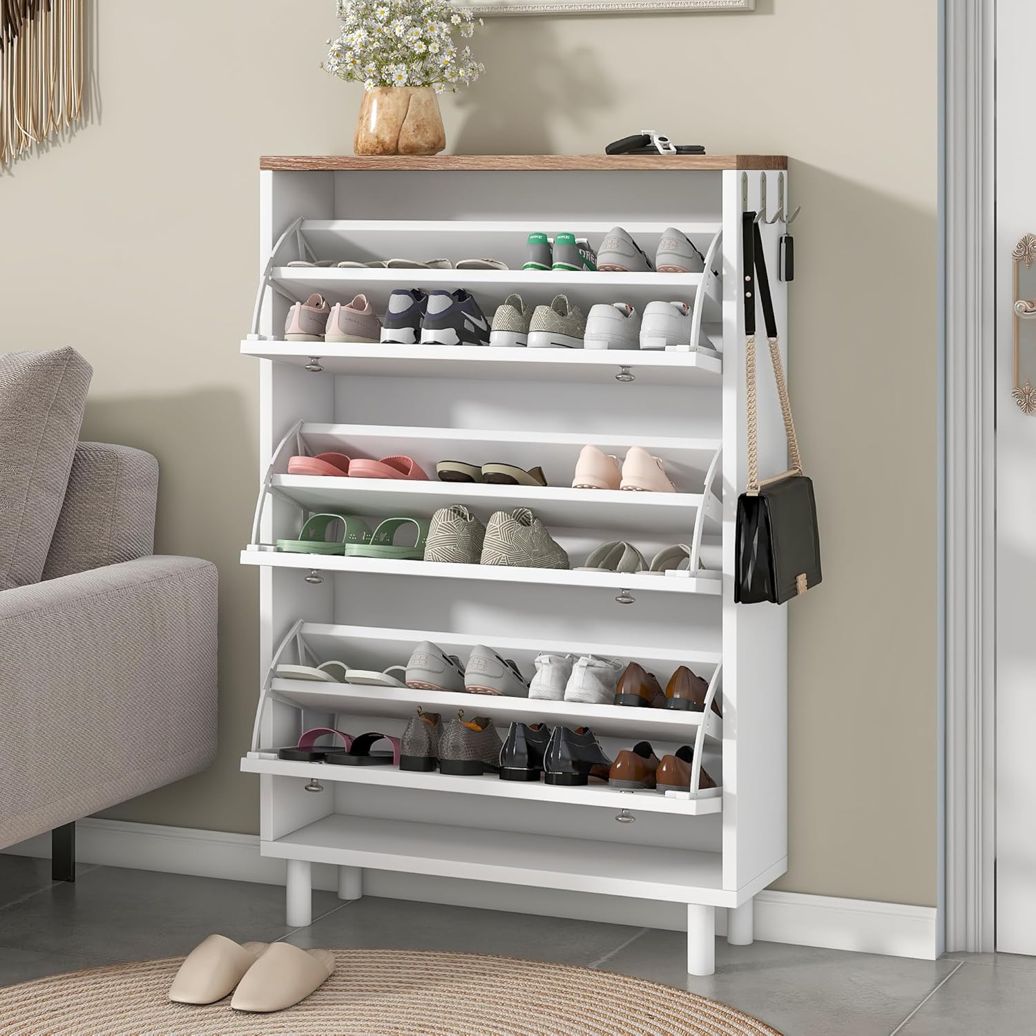 Zapatero contemporáneo con 3 puertas abatibles, zapatero de madera independiente, organizador de almacenamiento de zapatos para entrada, pasillo,
