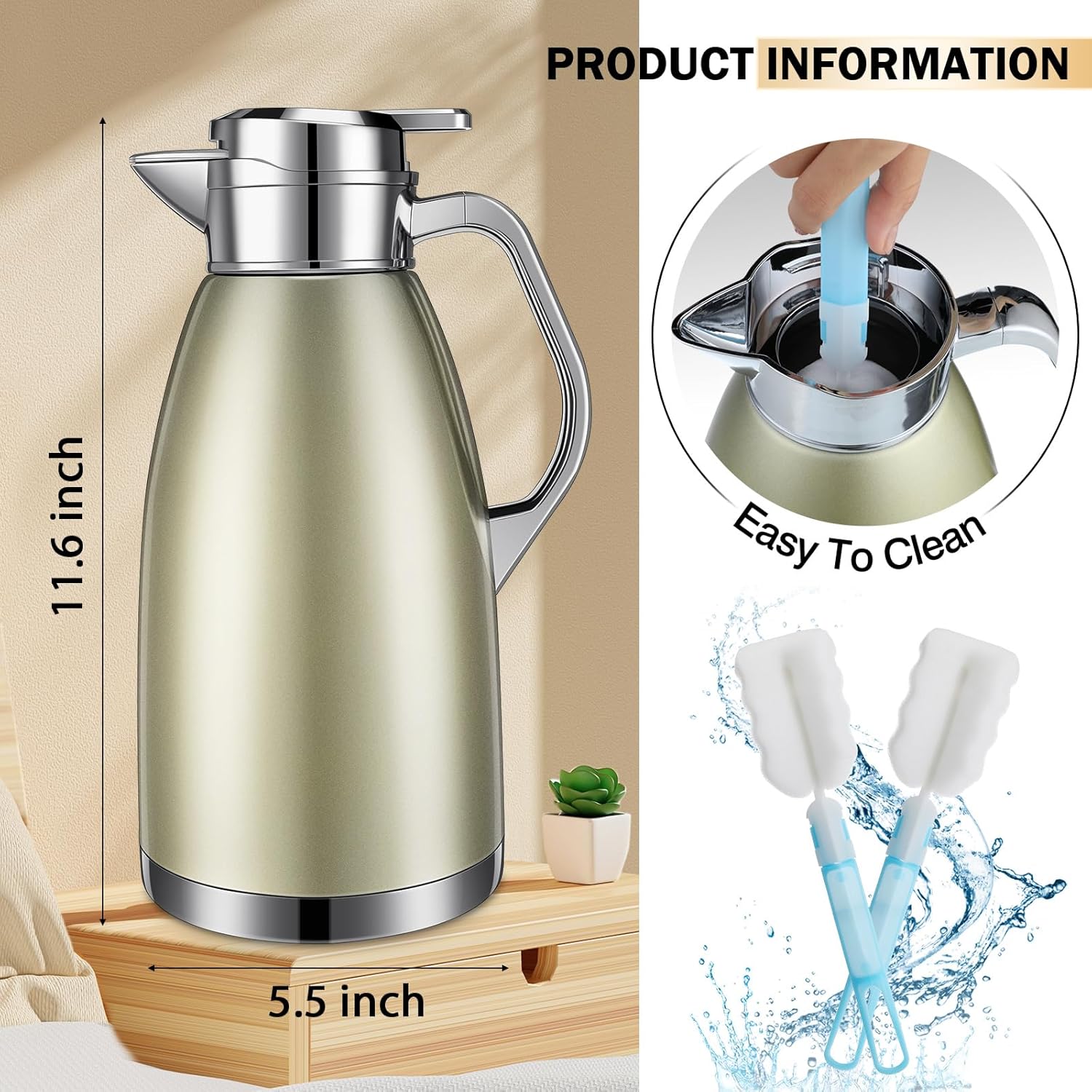 2 jarras térmicas de café de 78 onzas, dispensador de agua caliente, jarra de acero inoxidable para café líquido caliente, té, leche con 2 cepillos,