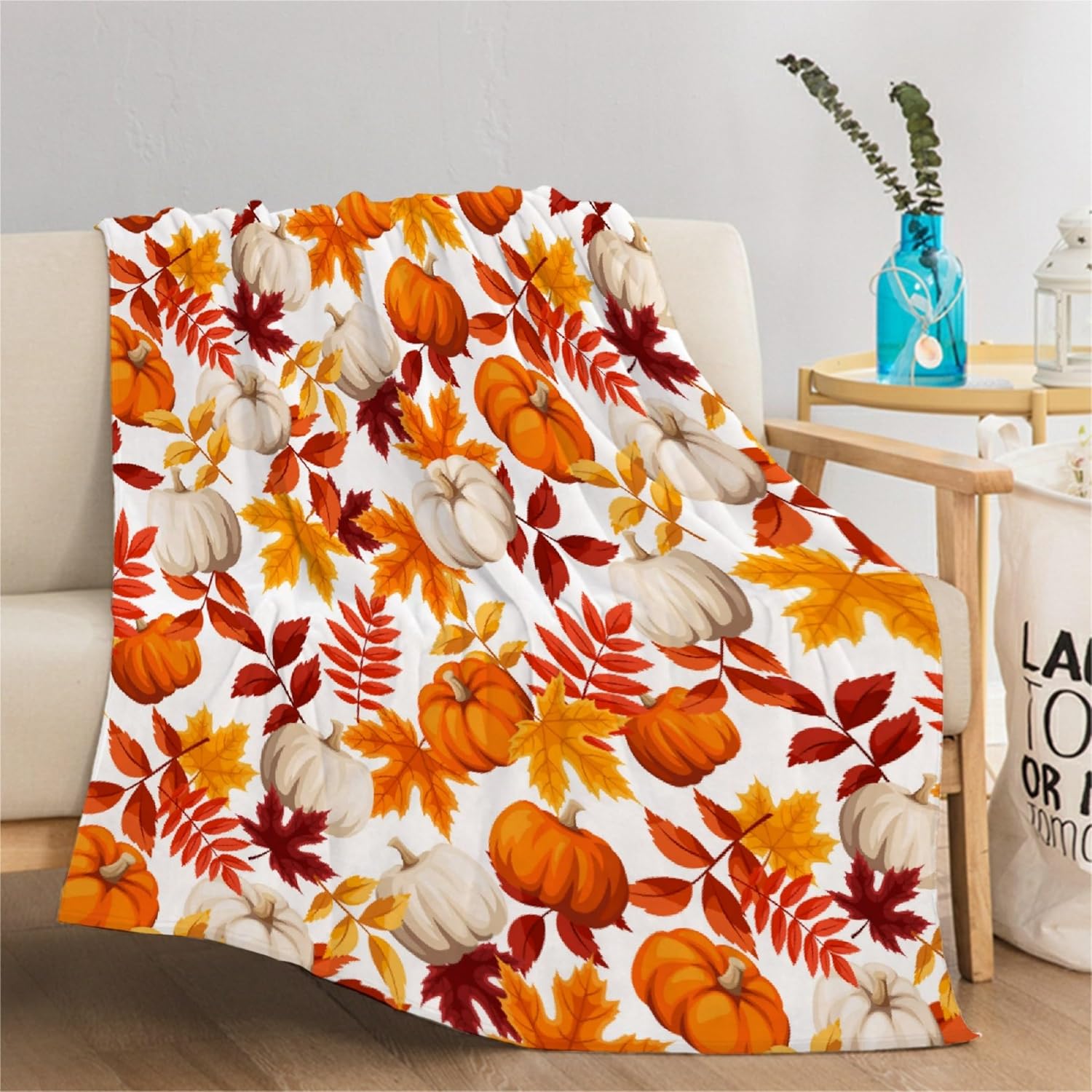 Manta de otoño  Manta de otoño con hojas de arce y calabaza, regalo de decoración de otoño de Acción de Gracias, ultra afelpada, acogedora, ligera,