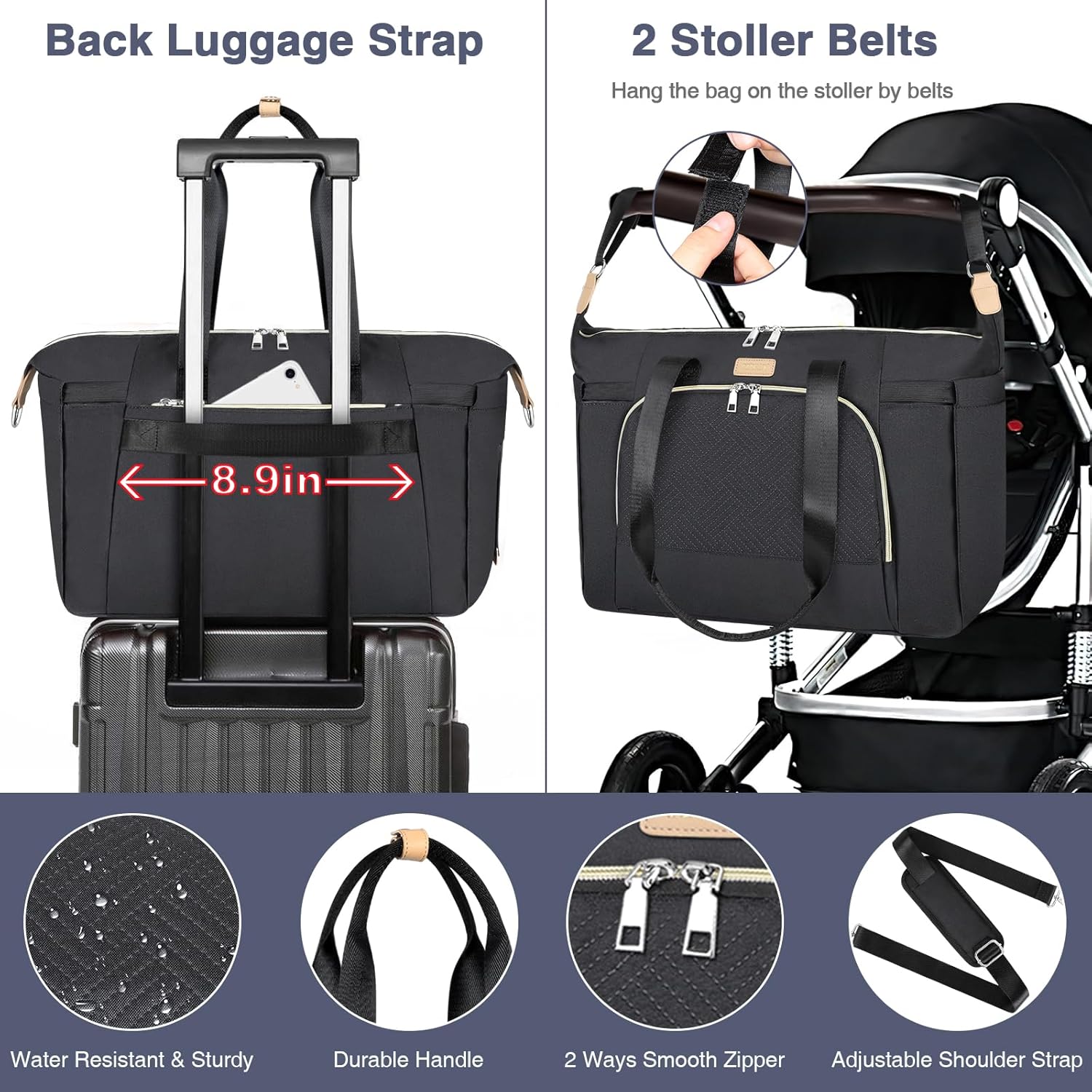 ITIEZY Bolsa de pañales para bebé  Bolsa grande para mamá con cambiador portátil para chupete, bolsas de hospital, bolsa de viaje para bebé