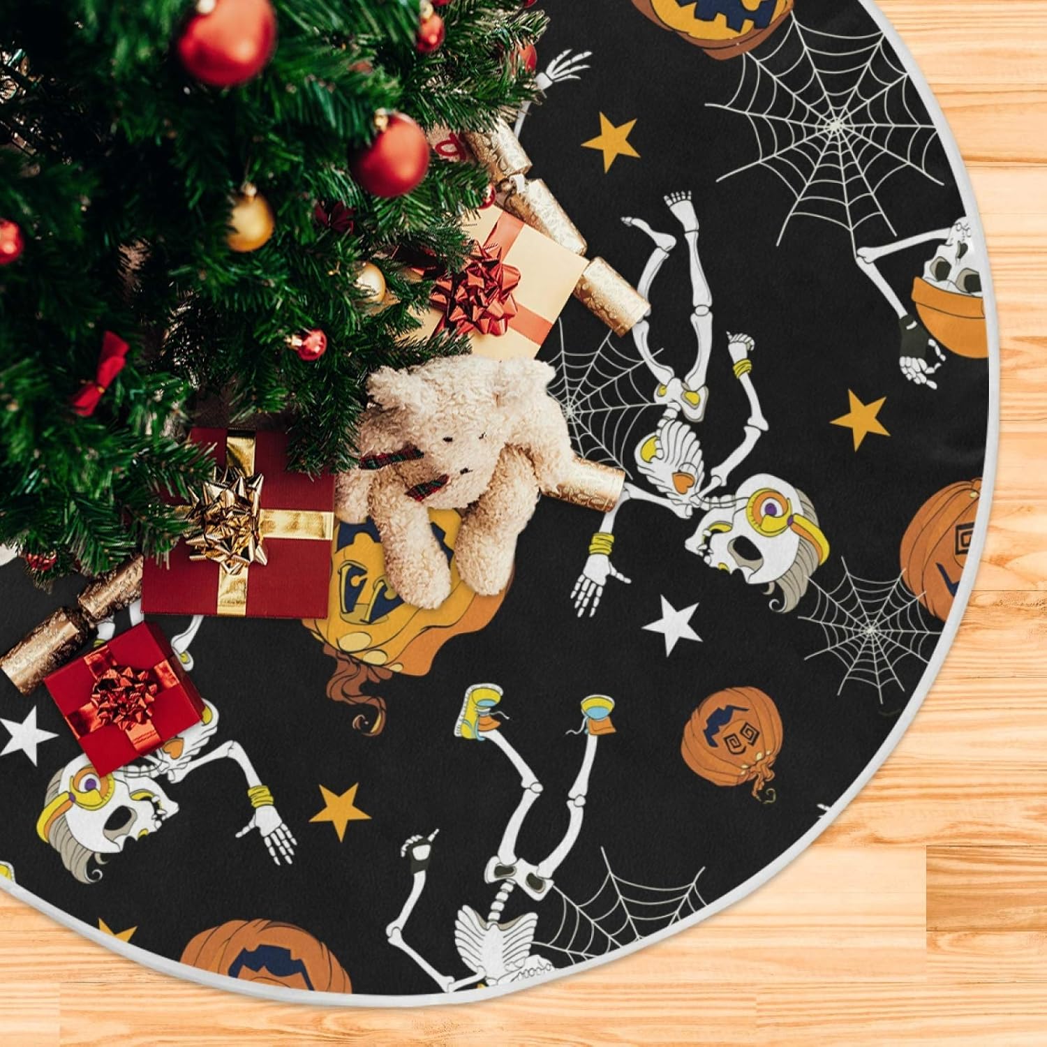 ALAZA Decoración de falda de árbol de Halloween, pequeño adorno de falda de árbol de 35.4 pulgadas con espeluznante esqueletos de Halloween y patrón