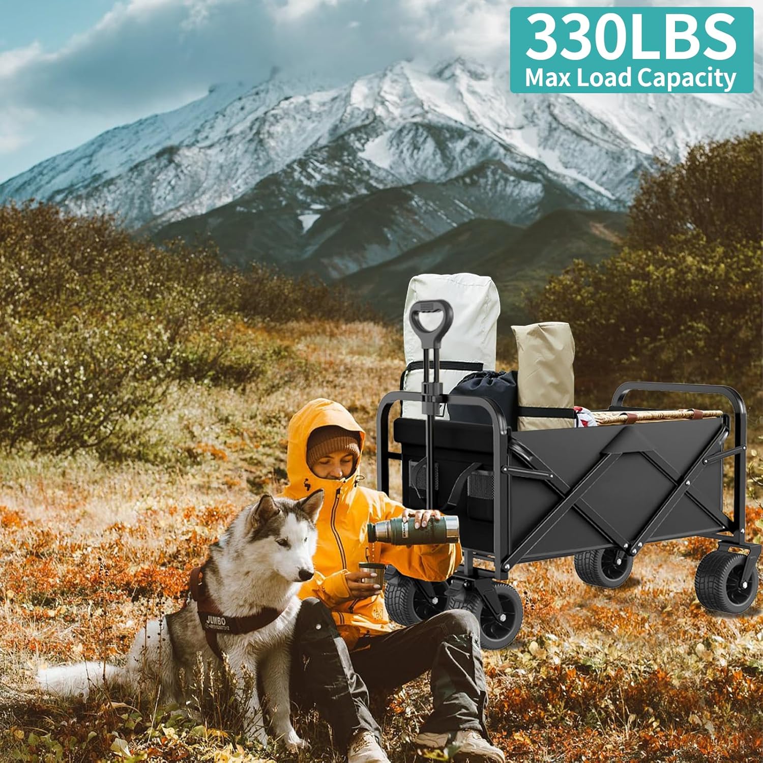 QivvMivo Carro plegable plegable de 330 libras, carrito de playa resistente para arena con ruedas grandes, mango ajustable y soportes para bebidas