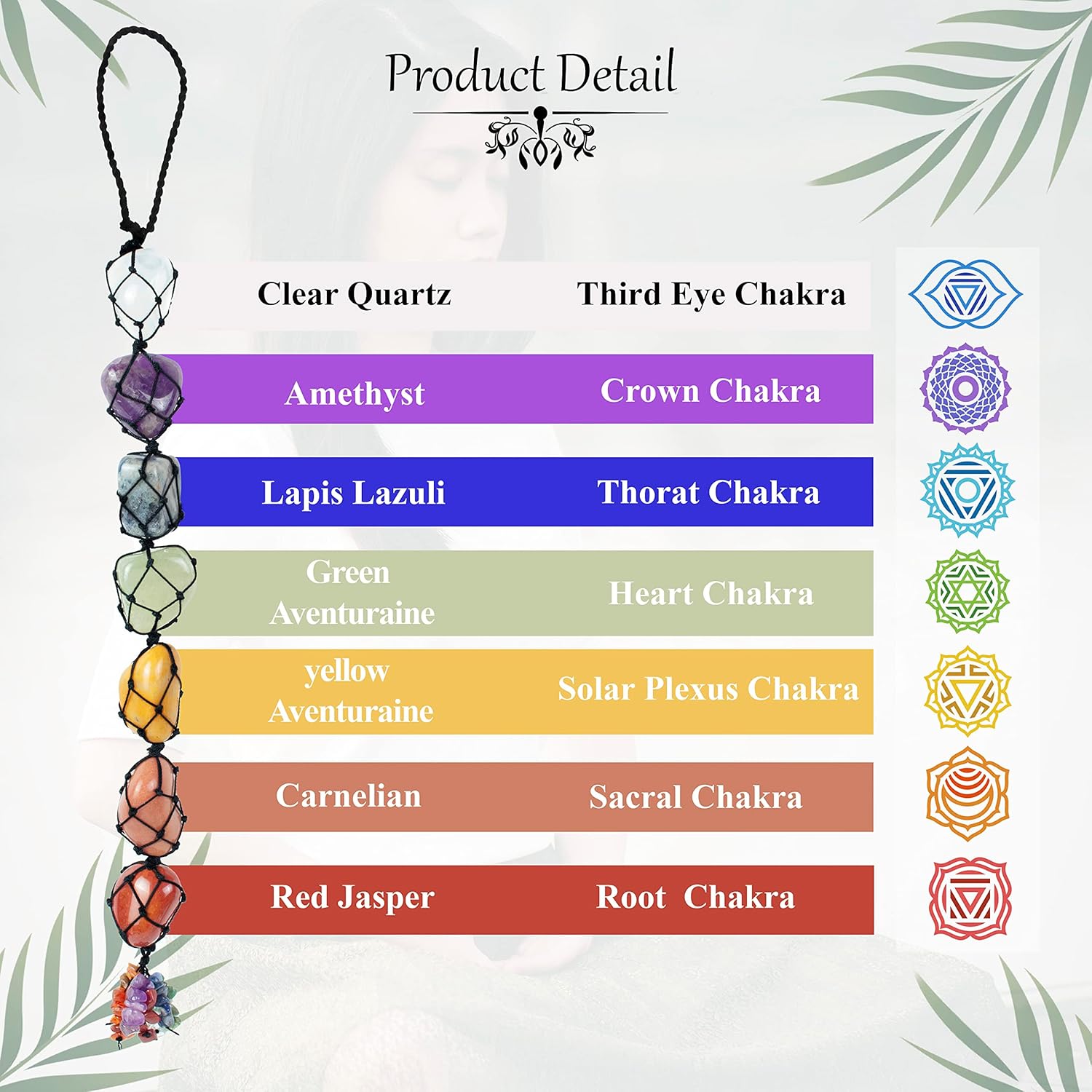 Adorno colgante de auto de 7 chakras, accesorios colgantes de cristal áspero para reiki, curación, equilibrio, borla para colgar en la pared,