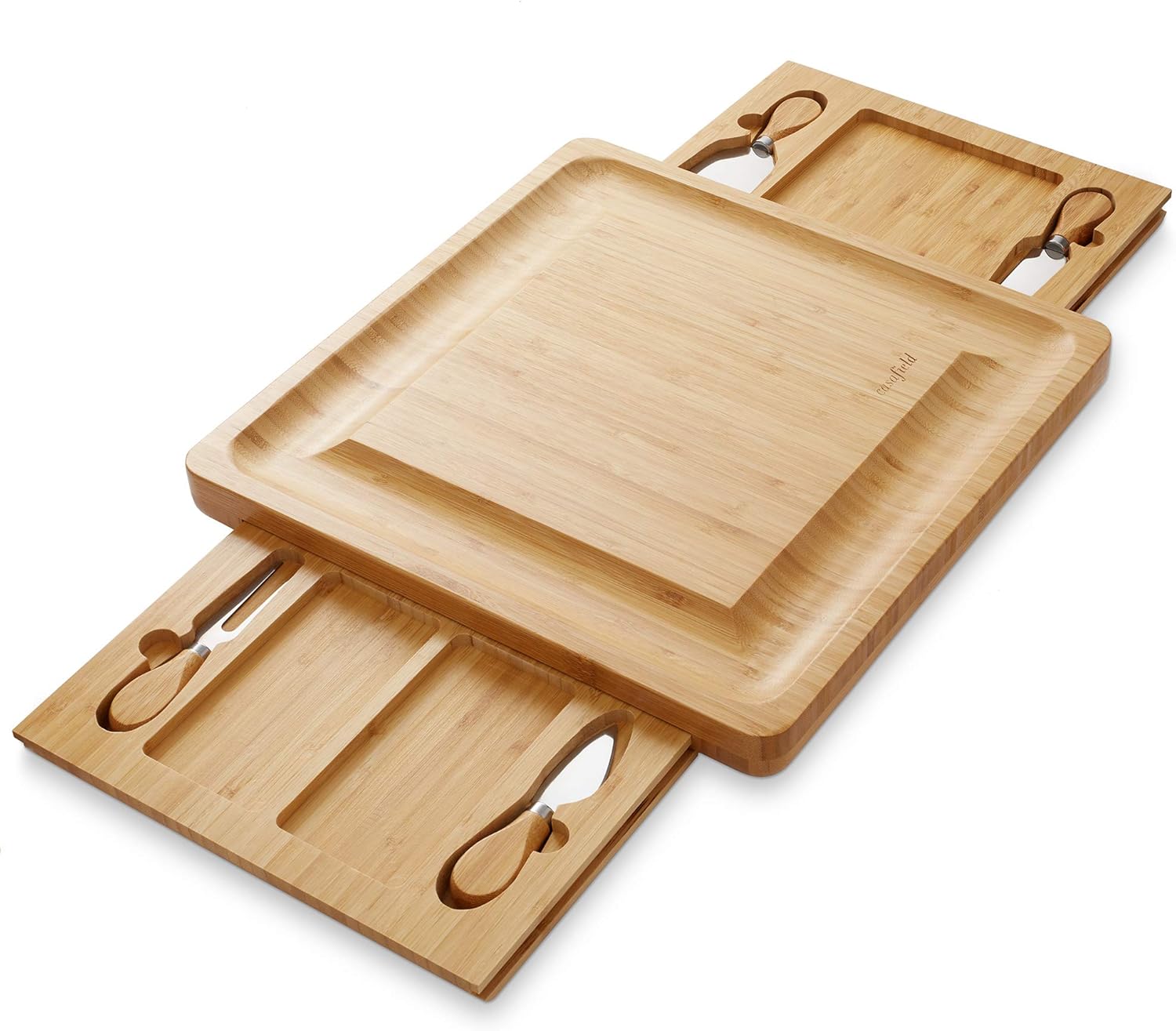 Casafield Juego de regalo de tablero de queso de bambú orgánico y cuchillo, bandeja de madera para charcutería, para carne, frutas, galletas con 2