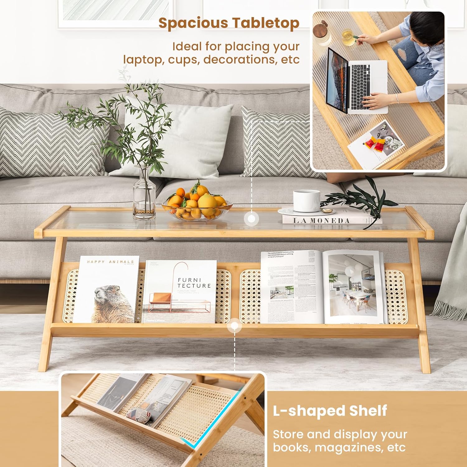 Tangkula Mesa de centro de bambú, mesa central moderna con mesa de vidrio templado y estante abierto de ratán, mesa de té rectangular de 2 niveles
