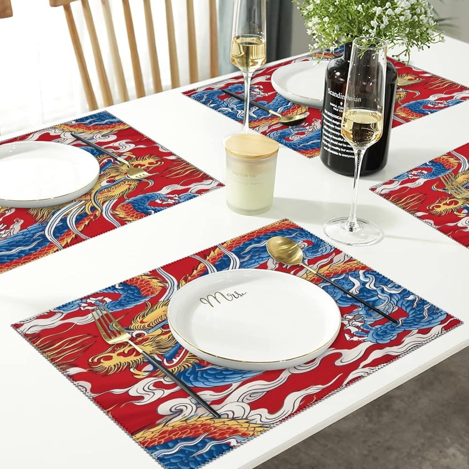 Juego de 4 manteles individuales de dragón chino naranja, rojo y azul, estilo granja, para mesa de comedor, cocina, hotel, decoración lavable