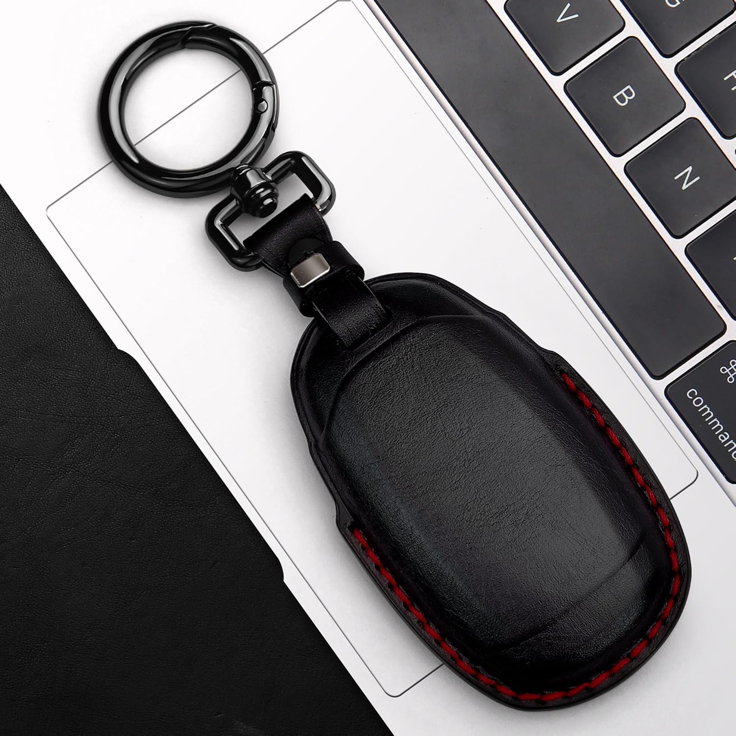 Tukellen Funda de cuero genuino para llavero inteligente para Hyundai Palisade Elantra GT Accent Kona Santa Fe Veloster 2020-2022, Negro (línea roja)