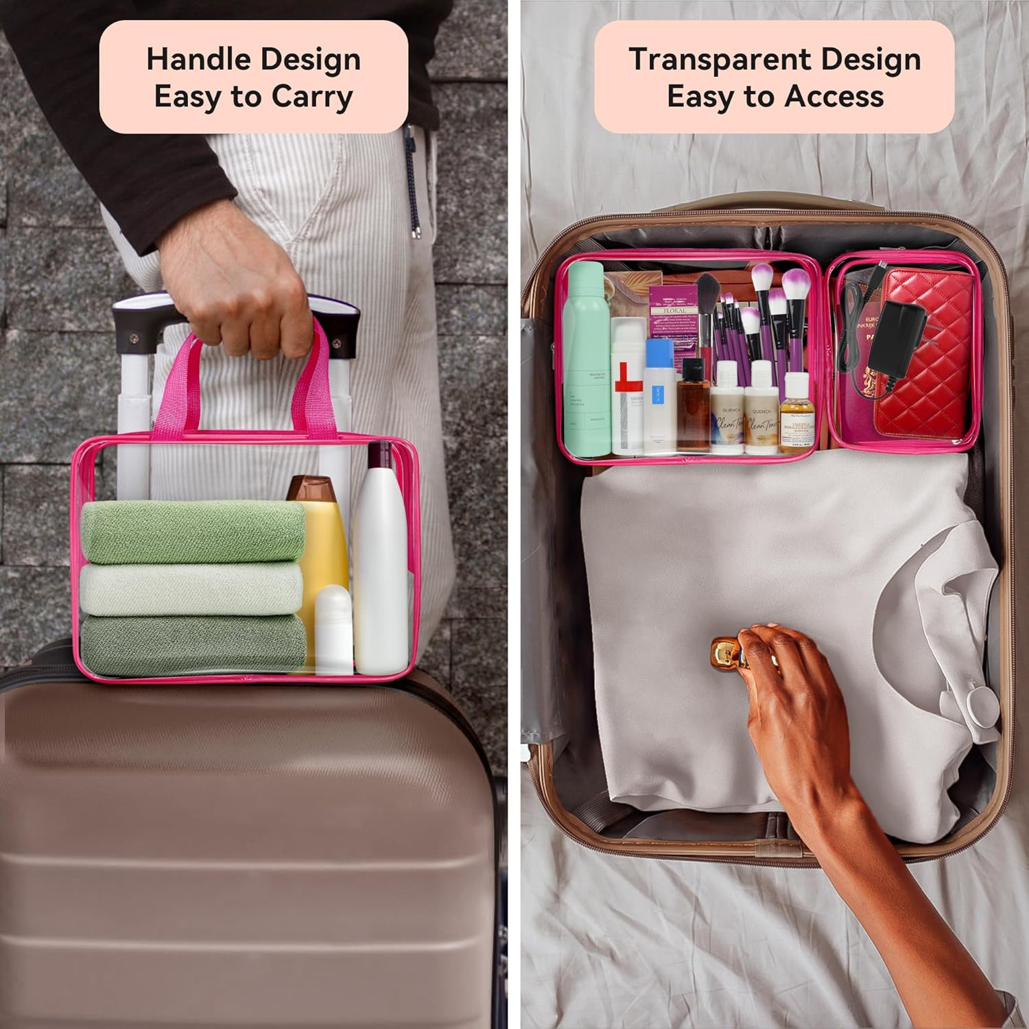 10 piezas de maquillaje de viaje transparente, plástico PVC cosmético aprobado por la TSA kit organizador con cremallera bolso, Rosa Rojo