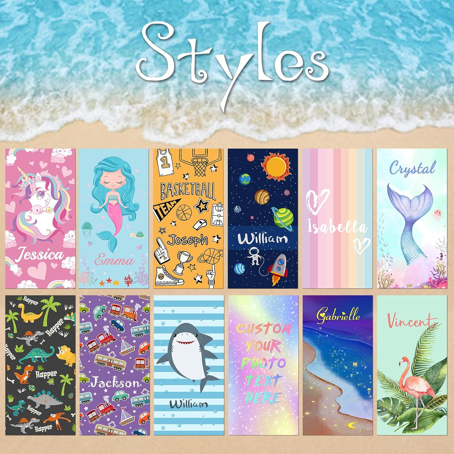 Yananka Toallas de playa personalizadas para niños, toallas de playa personalizadas con nombres, regalos personalizados para niños pequeños, niñas y