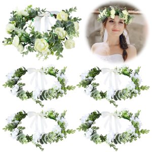 5 piezas de corona de hojas verdes florales para mujer, diadema de flores blancas bohemias, diadema ajustable para el cabello, diadema de flores con 5 piezas de corona de hojas verdes florales para mujer, diadema de flores blancas bohemias, diadema ajustable para el cabello, diadema de flores con
