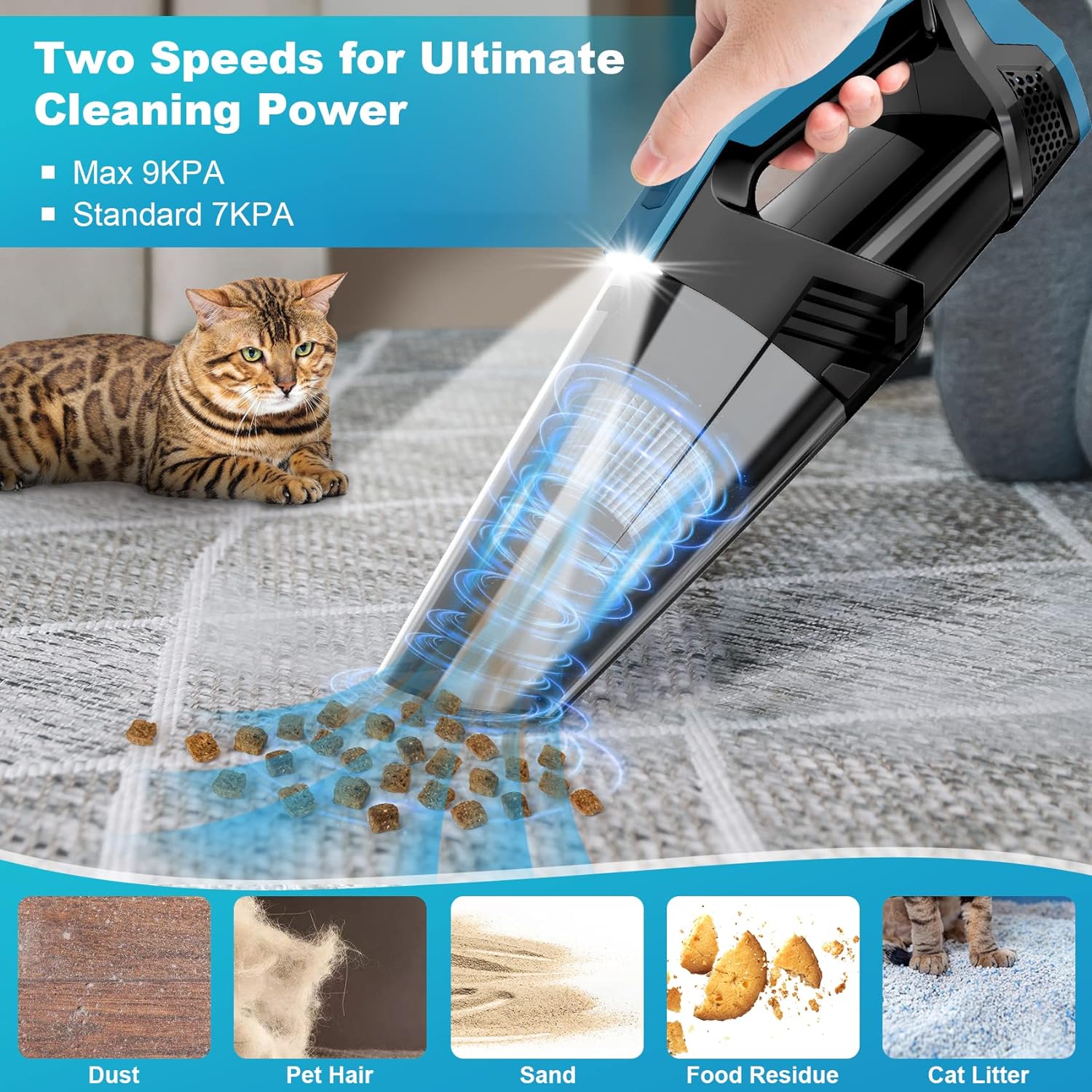 Aspiradora de mano inalámbrica para automóvil con luz LED, aspiradora de mano de 9000 PA, aspiradora de mano portátil, aspiradora de mano (negro
