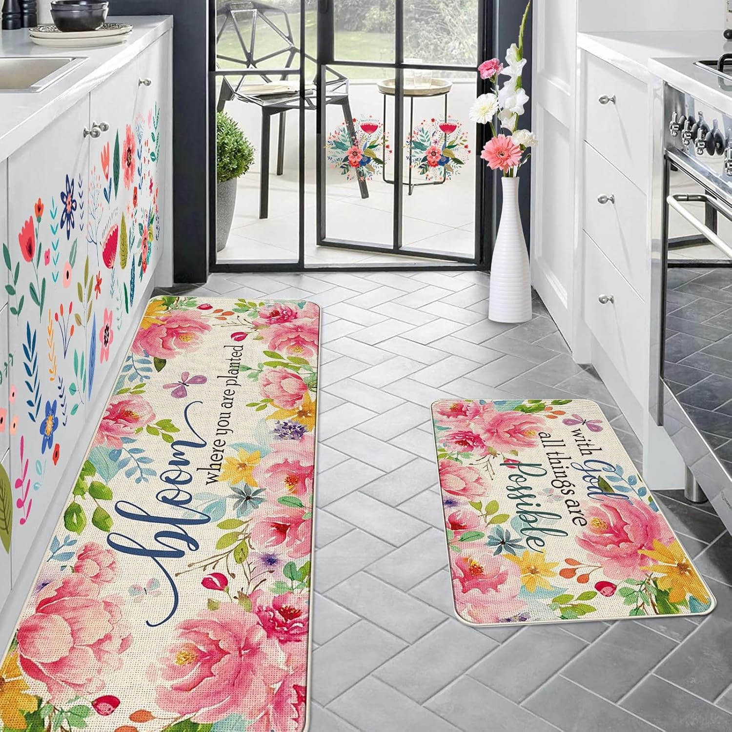 Wtosuhe Juego de 2 tapetes de cocina de primavera, antideslizantes, diseño floral, para primavera, verano, Pascua, decoración de cocina, lavable,
