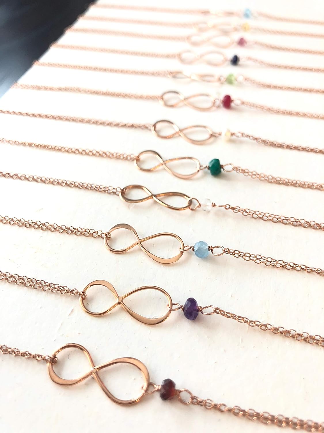Rose Gold Birthstone Infinity Charm Bracelet – Peridot, Gold Fill, Vermeil – Handmade August Birthday Gift for Her