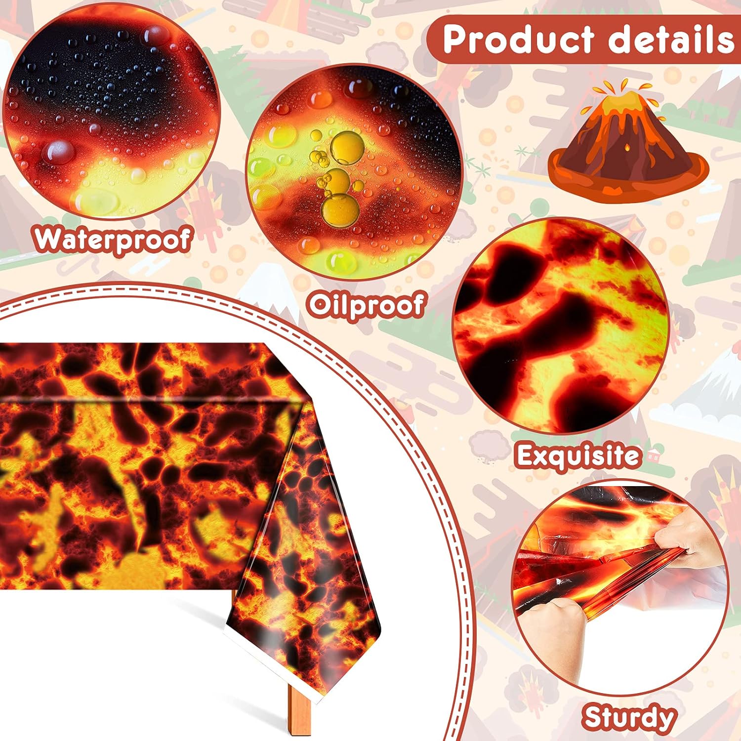 Irenare Mantel de lava para decoración de volcán, mantel de dinosaurio, mantel de llama, cubierta de plástico para mesa de Halloween, juego de lava,