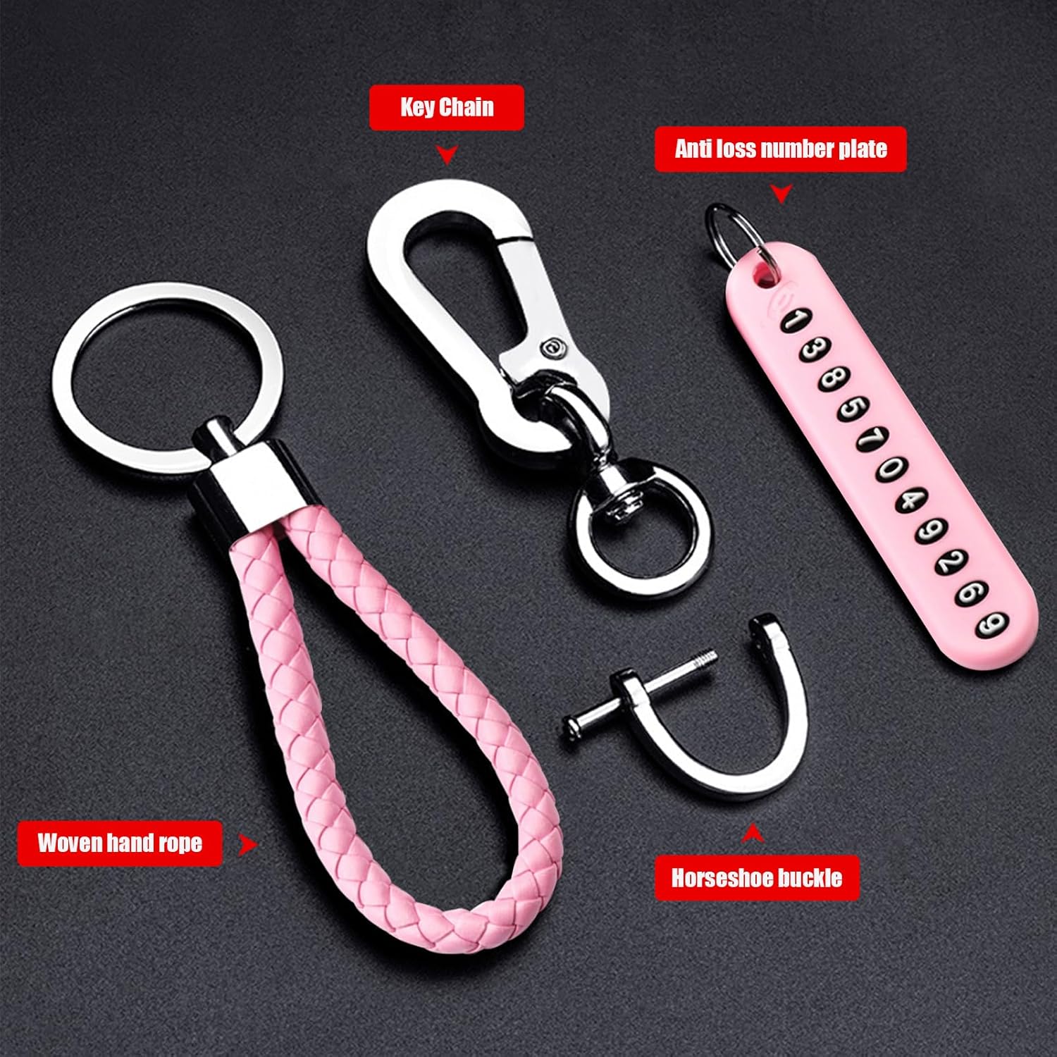 1 llavero de automóvil, organizador de cuerda trenzada antipérdida con hebilla de herradura, universal para la mayoría de los automóviles (rosa)