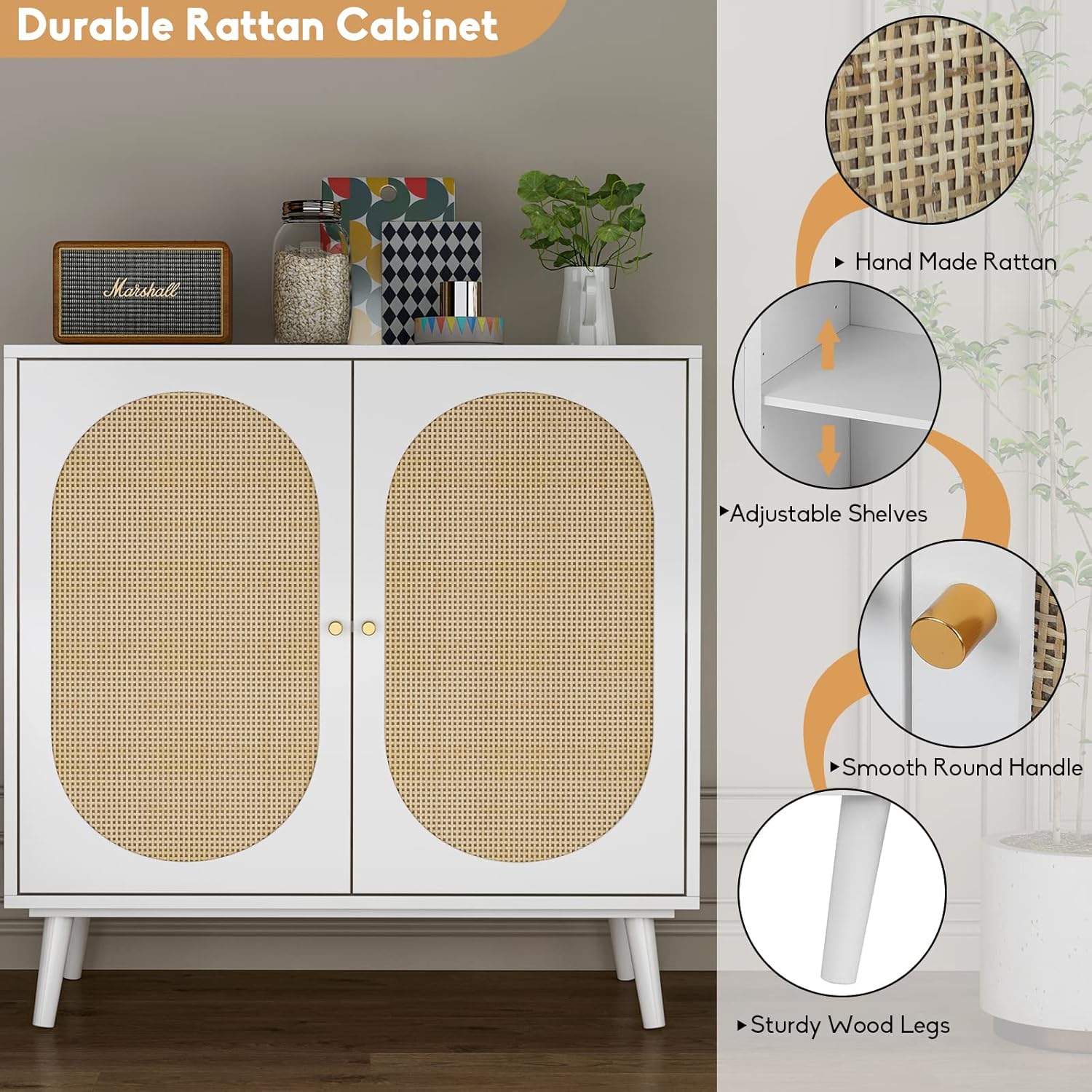 Armario de almacenamiento bohemio con 2 puertas de ratán, armario de mimbre para bufé, mesa de consola de armario, armario de madera de mediados de