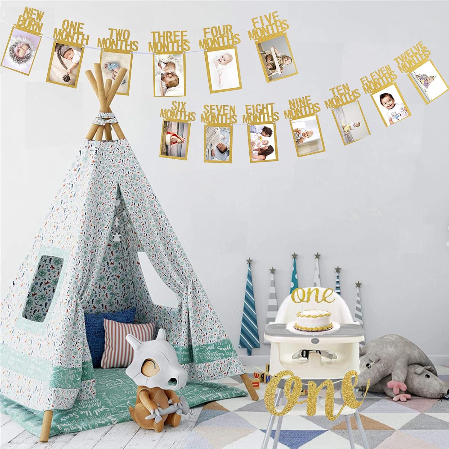 Cartel de fotos de bebé de primer cumpleaños para recién nacido a 12 meses, con pancarta para silla alta, guirnalda de fotos de hitos mensuales,