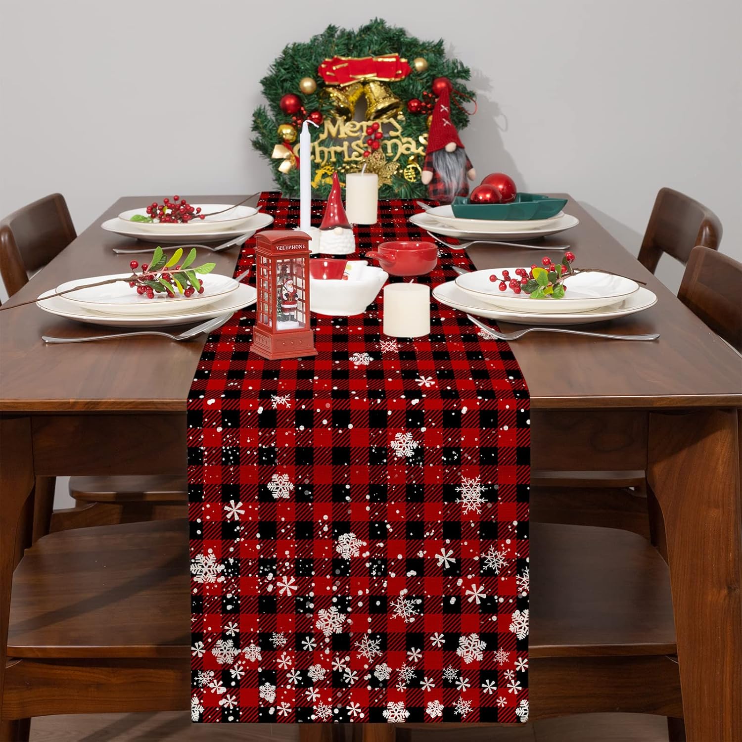 Camino de mesa de Navidad de búfalo rojo a cuadros de copo de nieve de 90 pulgadas de largo, decoración de mesa de comedor de cocina de invierno