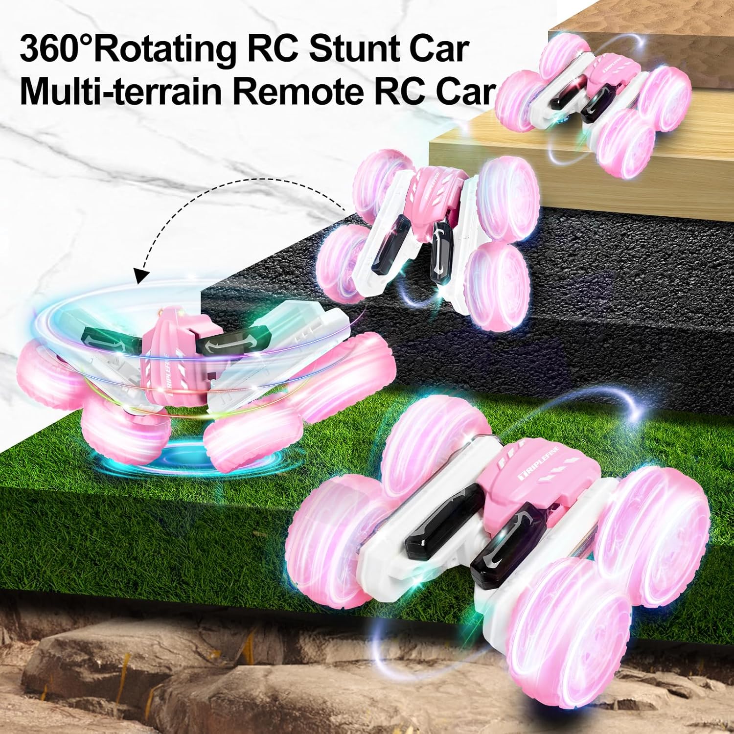 Coche de control remoto para niñas, auto de acrobacias rápidas LED, autos RC de 2.4 GHz, 4WD de doble cara giratoria de 360, juguetes para