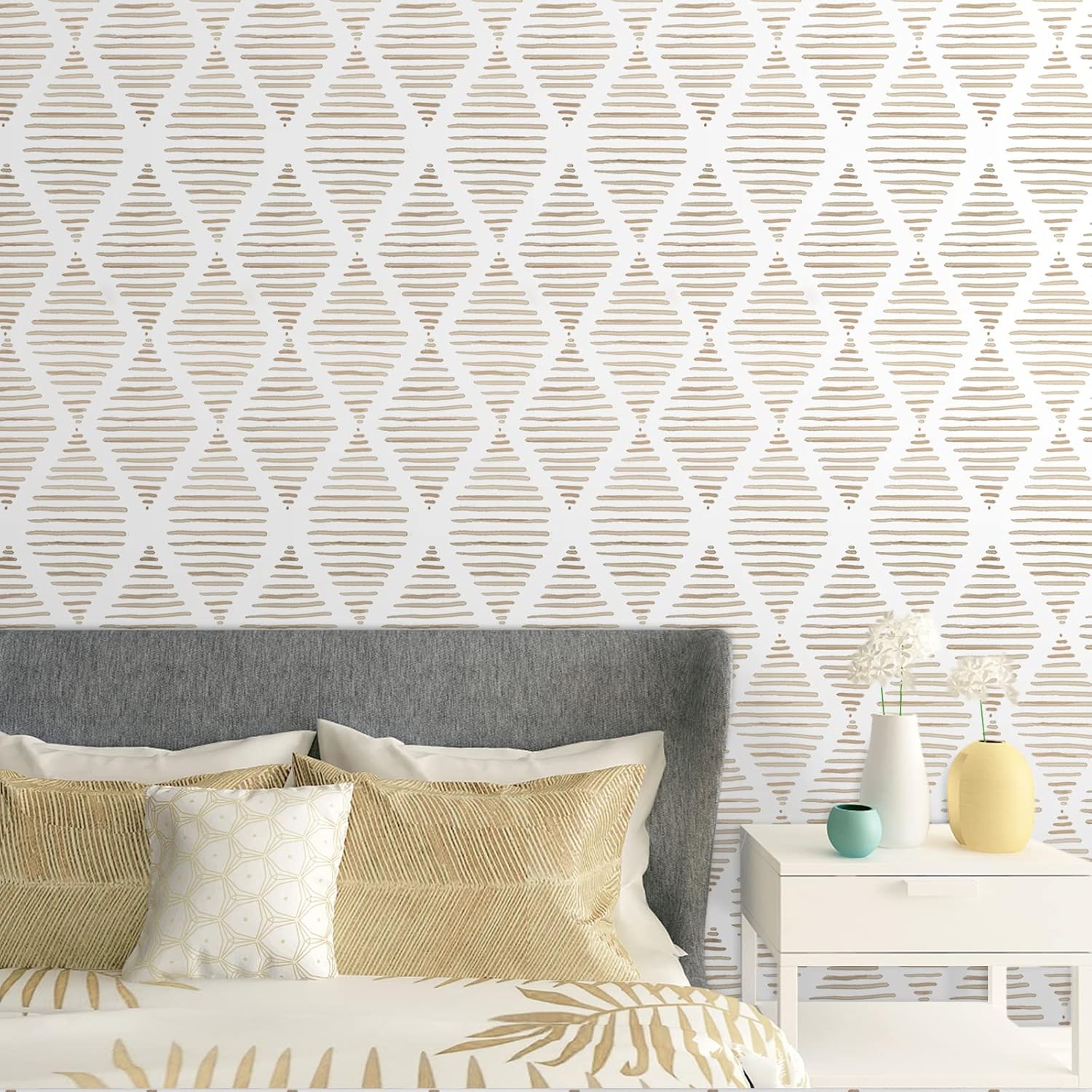 WENMER Papel tapiz geométrico para despegar y pegar de 17.3 x 1181 pulgadas, papel tapiz a rayas beige, autoadhesivo, extraíble, papel tapiz