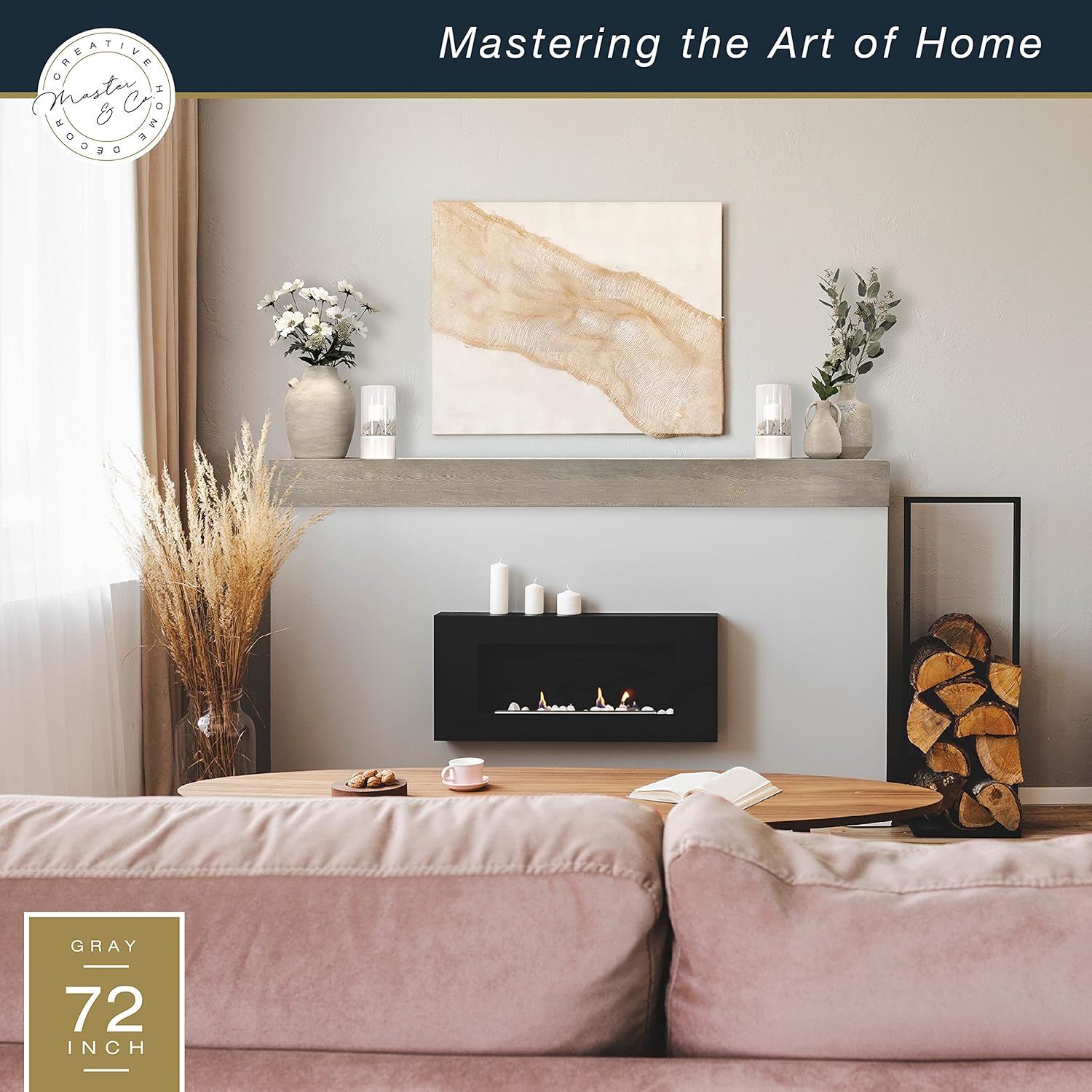 Master & Co. – Mantel flotante rústico para chimenea, estante flotante largo para decoración de pared, 72 pulgadas, gris cálido