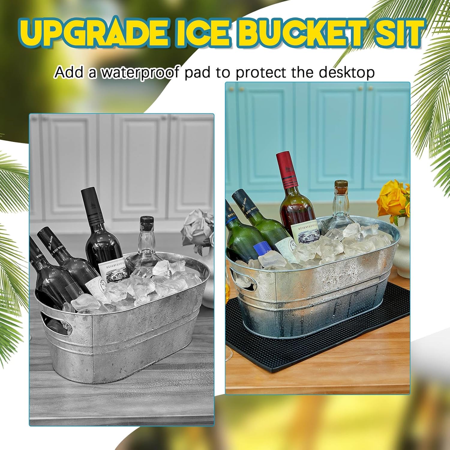 Juego de 16 cubos de hielo con cuchara y pinzas, incluye 2 tinas de hielo galvanizadas de 4.5 galones, 8 bandejas de silicona para cubitos de hielo,