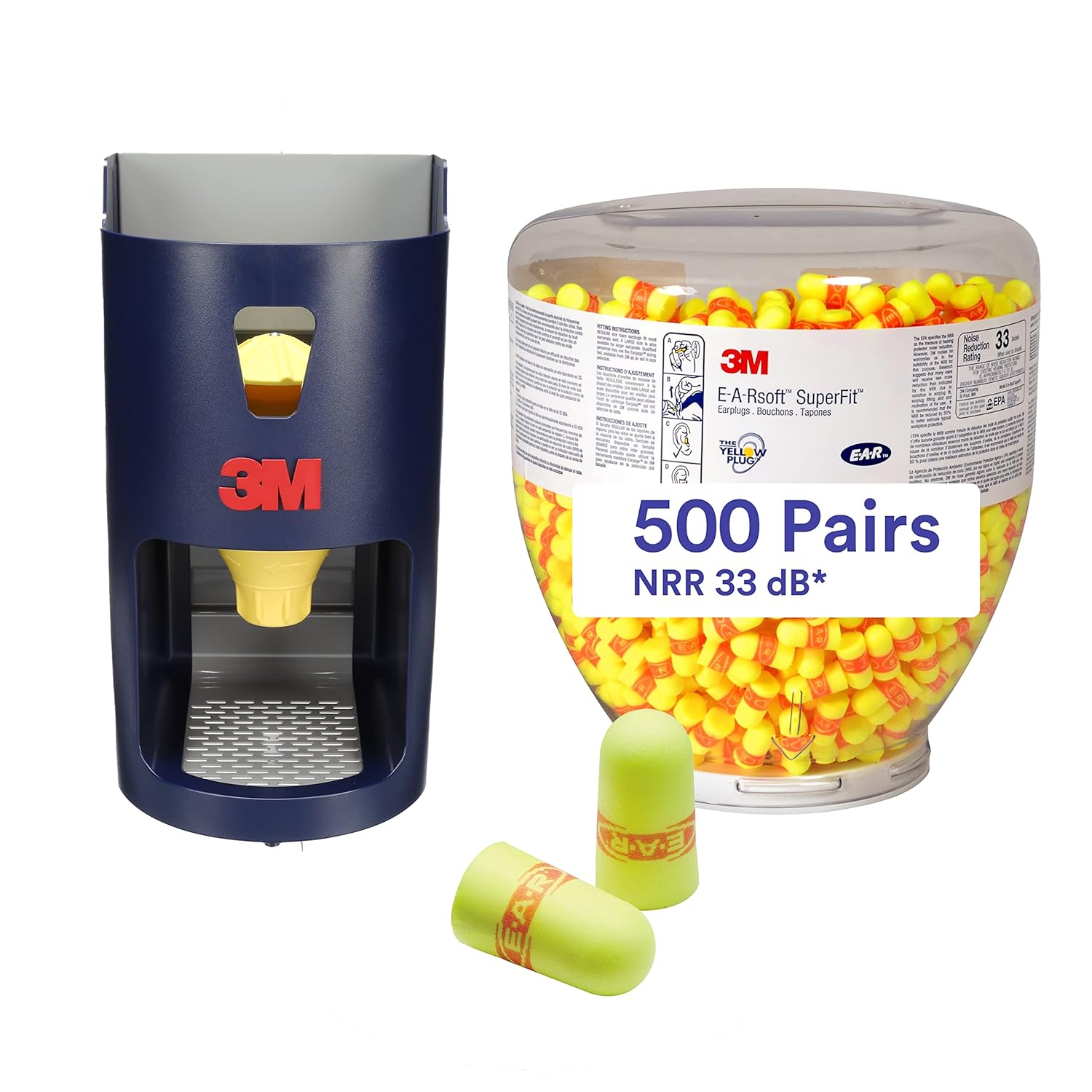 Paquete de dispensador de tapones para los oídos 3M One Touch Pro 391-0000 + tapones para los oídos 3M 391-1254, 500 paresbotella de recarga,