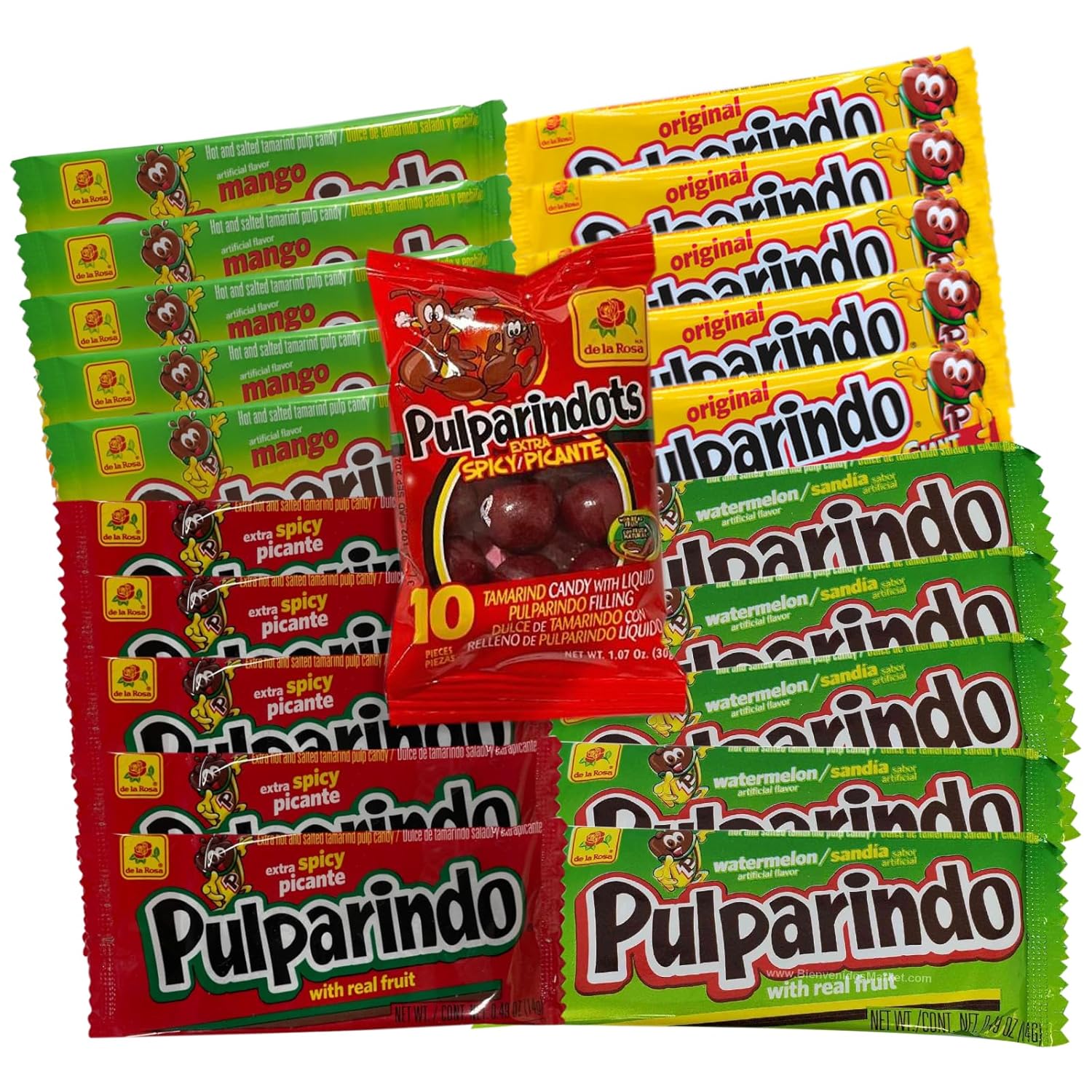 Pulparindo – Paquete variado de dulces mexicanos sabor a frutas originales, mango, sandía, extra picante 20 unidades en total, 5 de cada sabor y