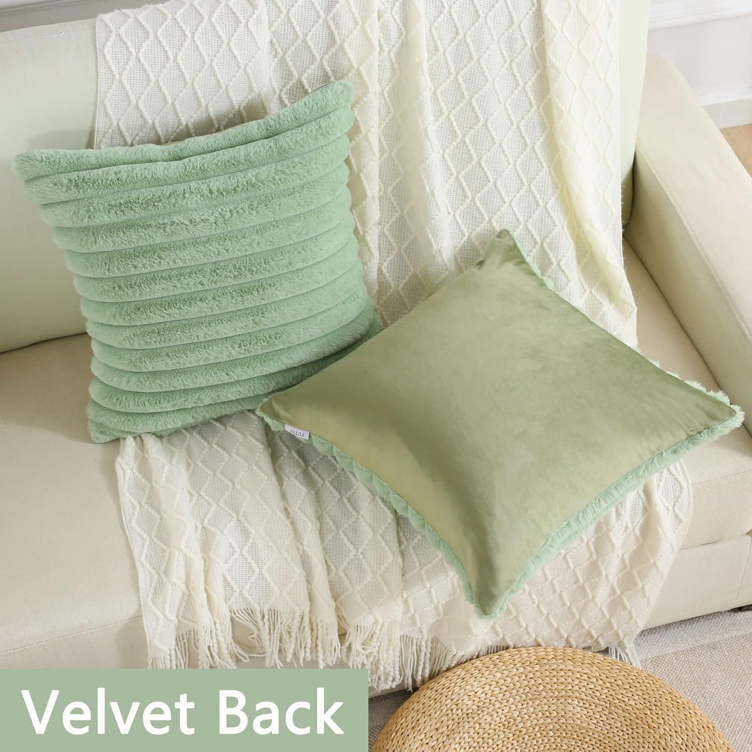 FUTEI Juego de 2 fundas de almohada decorativas a rayas verdes salvia de 22 x 22 pulgadas, fundas cuadradas de almohada para sofá, suave y acogedora