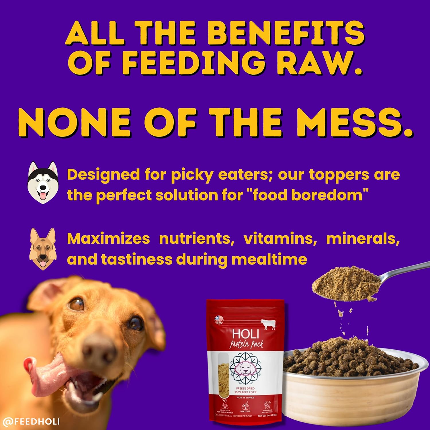 HOLI Alimento para perros liofilizado con alce y venado  96% de carne, capturado en la naturaleza, potenciador del sabor de la comida para perros
