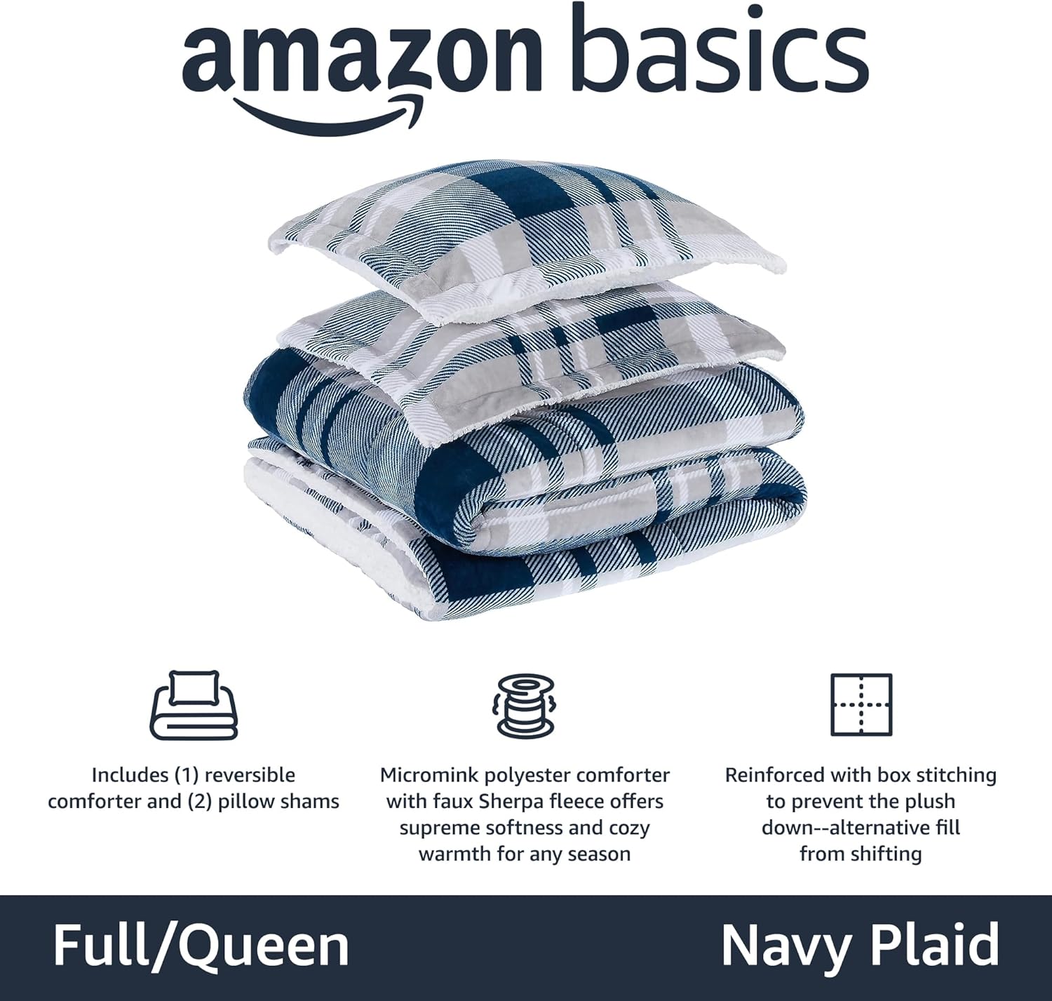 Tienda Basics Juego de cama ultrasuave de 3 piezas de microvisón sherpa, matrimonialqueen, cuadros azul marino