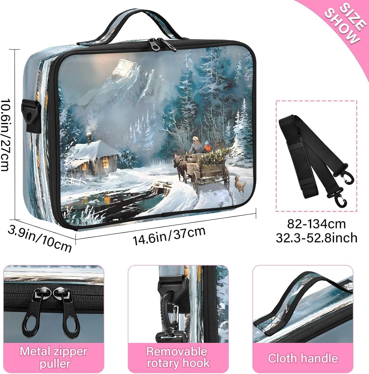 White Snowy Countryside zip cosmetic bag bags for traveling opening makeup bag portable makeup bag estuche maquillaje para ninas for women girl teen