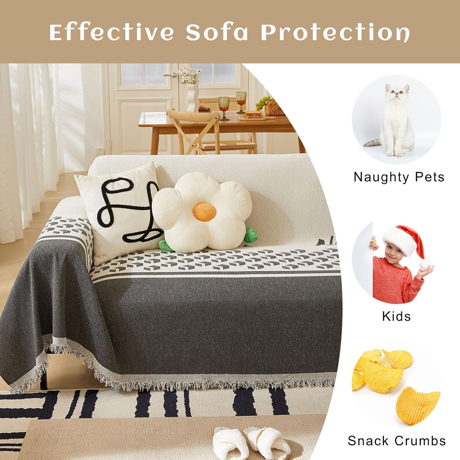 STACYPIK Funda gruesa geométrica bohemia para sofá, protector de muebles, manta suave con borlas, borde a rayas, en forma de L, funda de sofá
