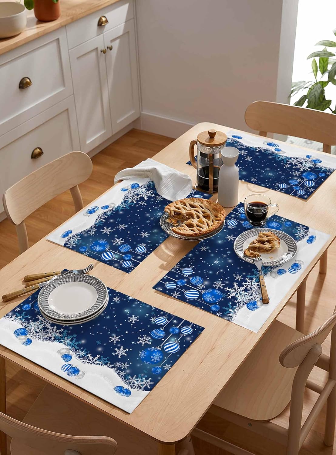 Juego de 6 manteles individuales de lino y algodón, antideslizantes, lavables, copos de nieve, azul, Navidad, invierno, para fiestas, comedor,