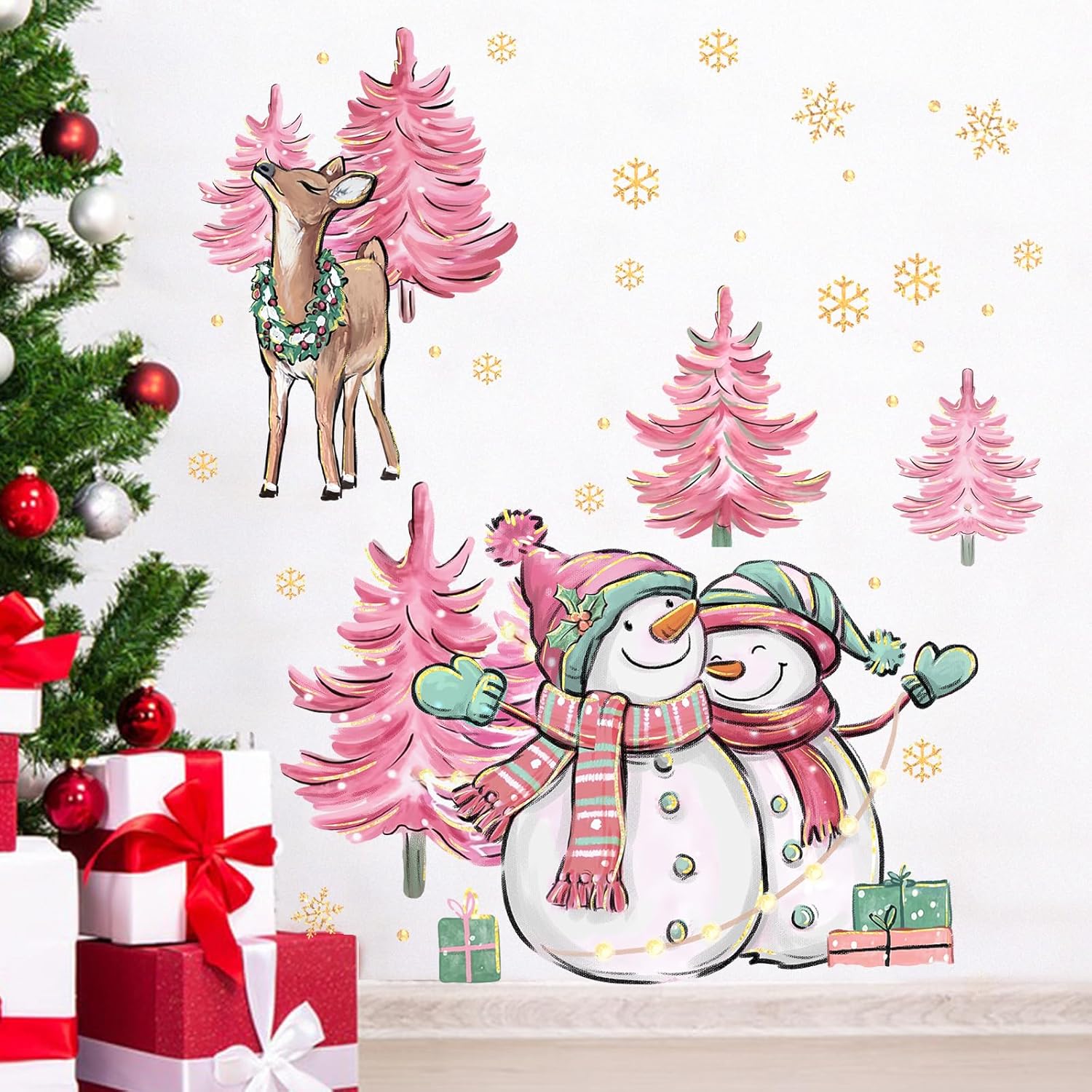 Yovkky Calcomanías de pared de muñeco de nieve de Navidad, árbol de Navidad rosa, reno de alce de Navidad, decoración de dormitorio de Año Nuevo,