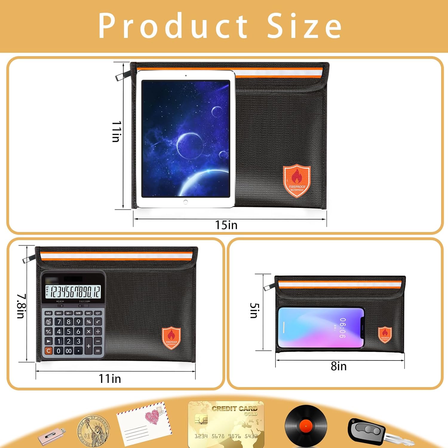 Bolsa de documentos ignífuga 2200F5200F, 15 x 11 pulgadas con cremallera y tira reflectante, aislamiento térmico ignífugobolsa impermeable para