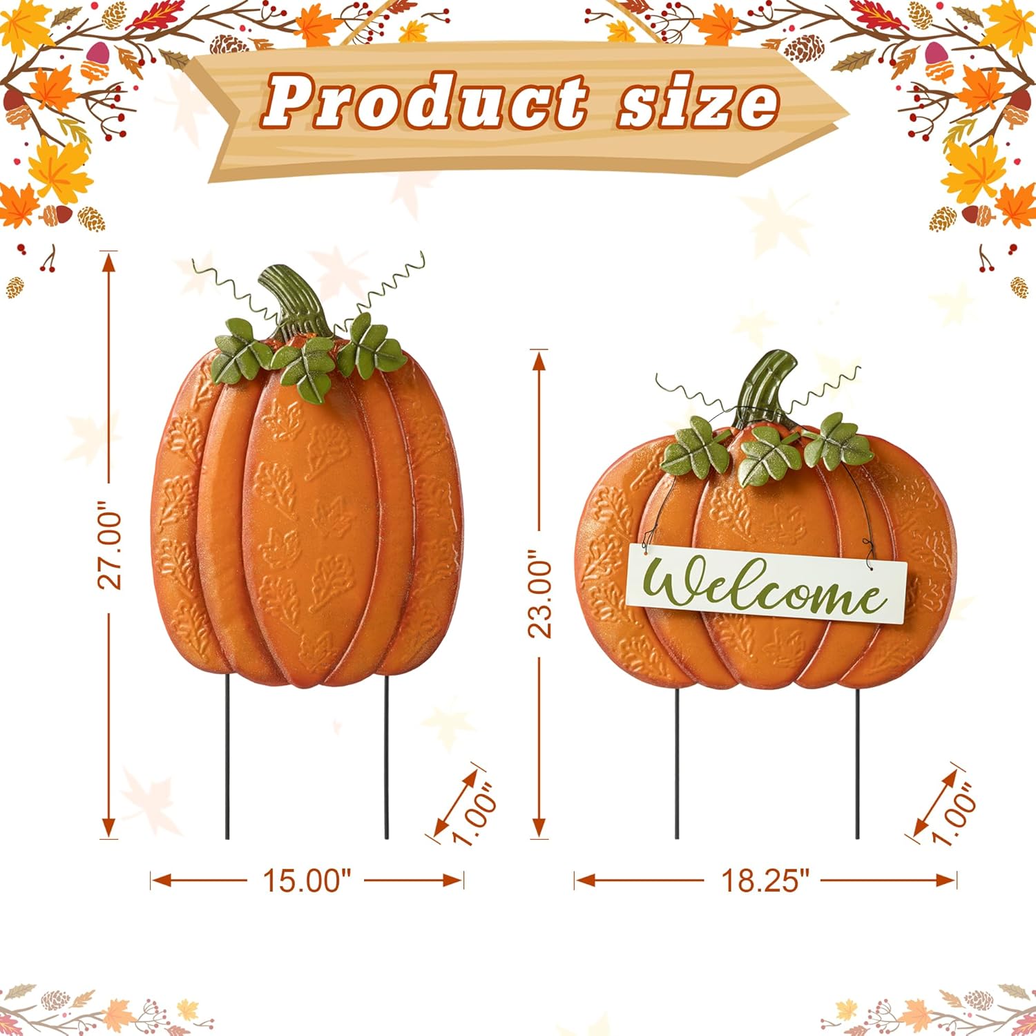 Glitzhome Juego de 2 estacas de jardín para decoración de otoño, juego de 2 letreros grandes de calabaza de metal de otoño para patio, calabaza