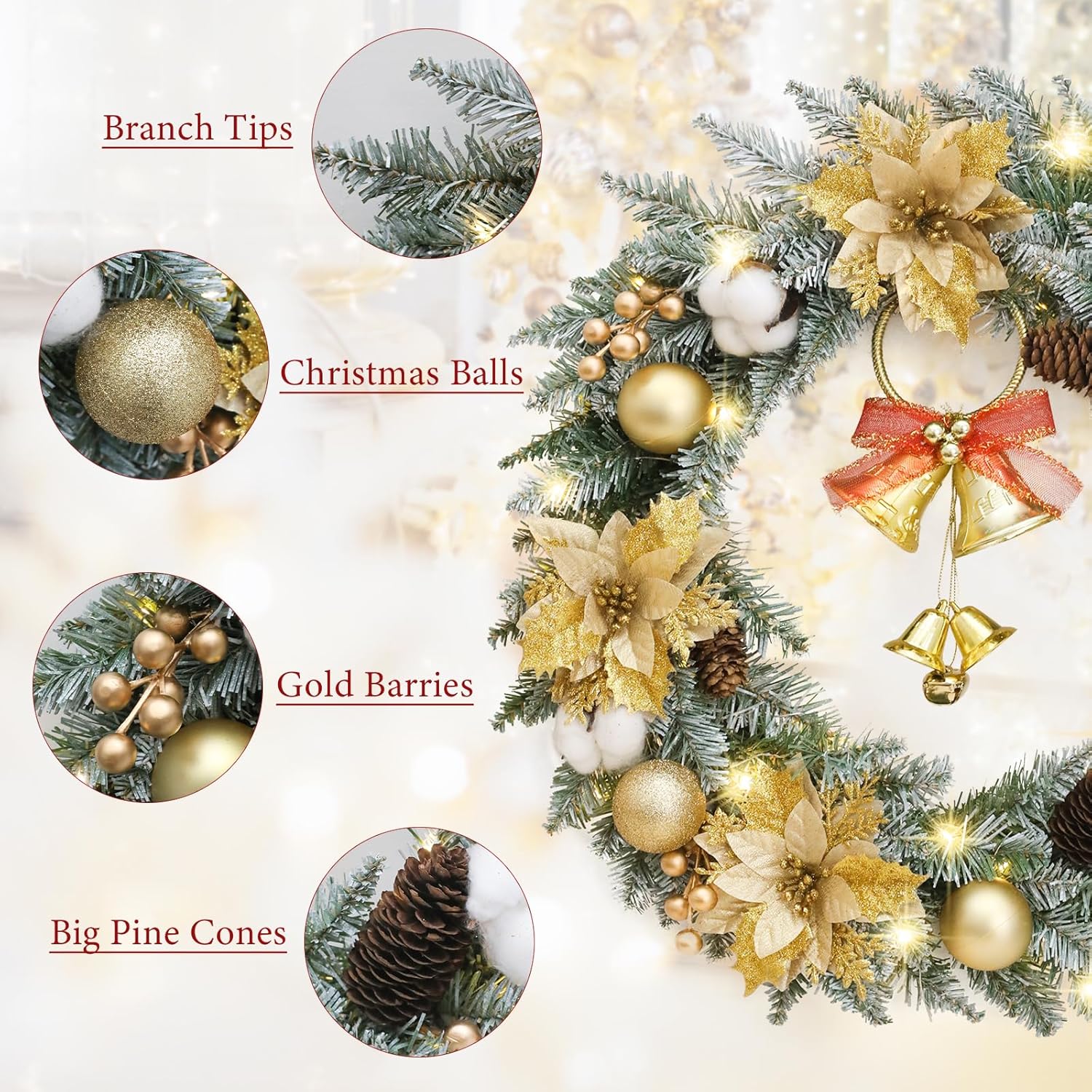 Corona de Navidad para puerta delantera, corona de puerta de Navidad para decoración de ventana al aire libre con abeto, cono de pino, racimo de