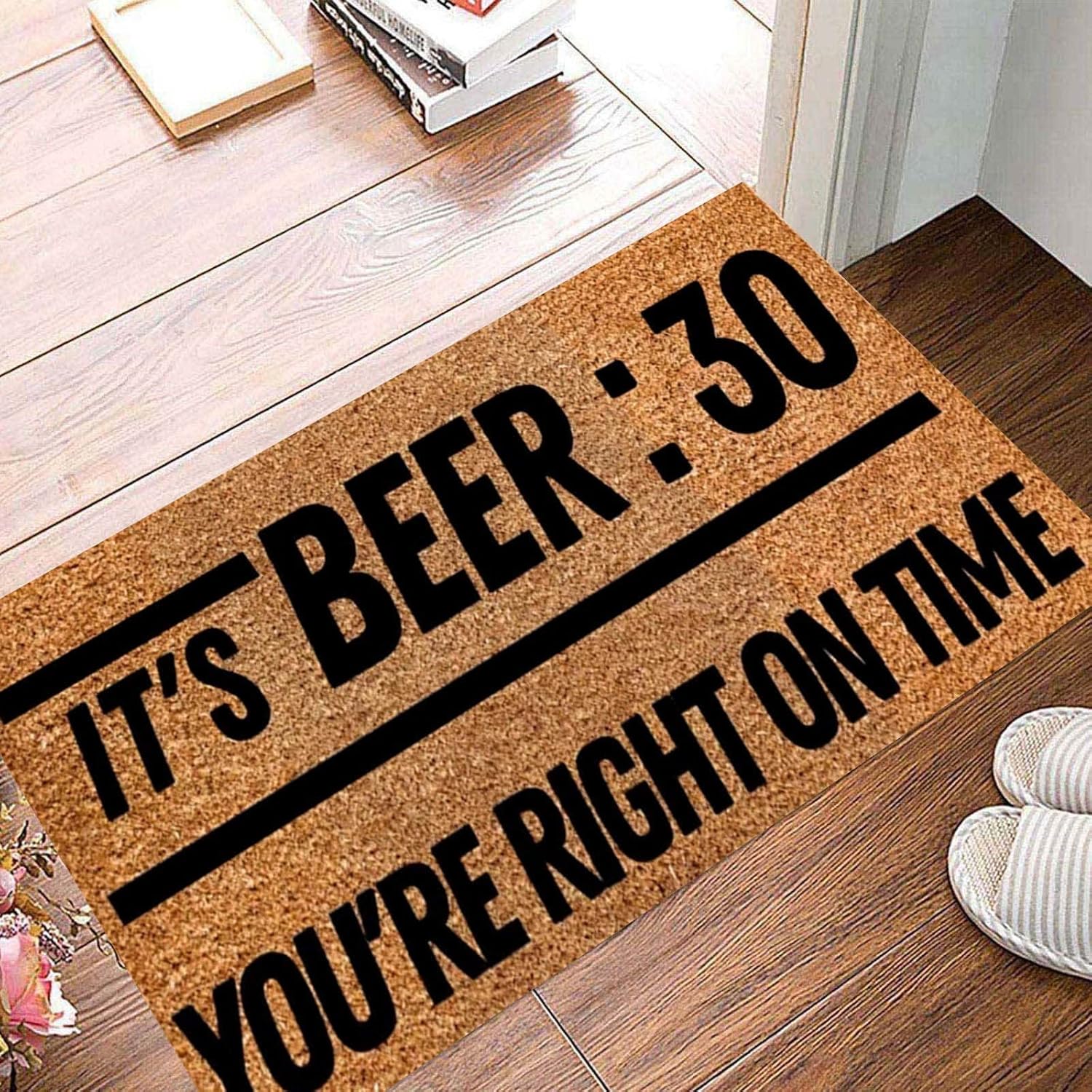 Felpudo para puerta con respaldo resistente para exteriores, con texto en inglés “It’s Beer30 You’re Right On Time”, divertido y bonito, felpudo de