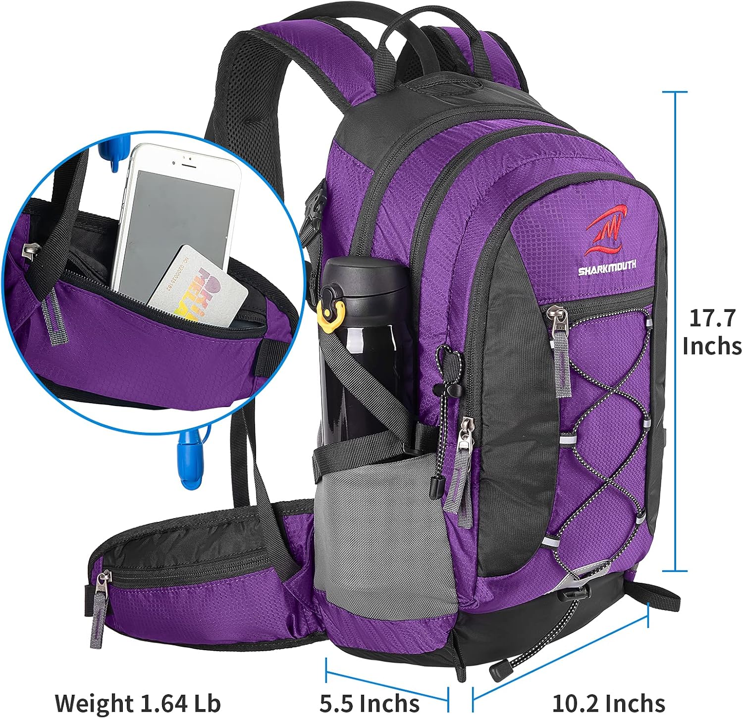 SHARKMOUTH Mochila de hidratación  Mochila aislada con bolsa de agua de 2.5L para senderismo, correr, acampar, ciclismo
