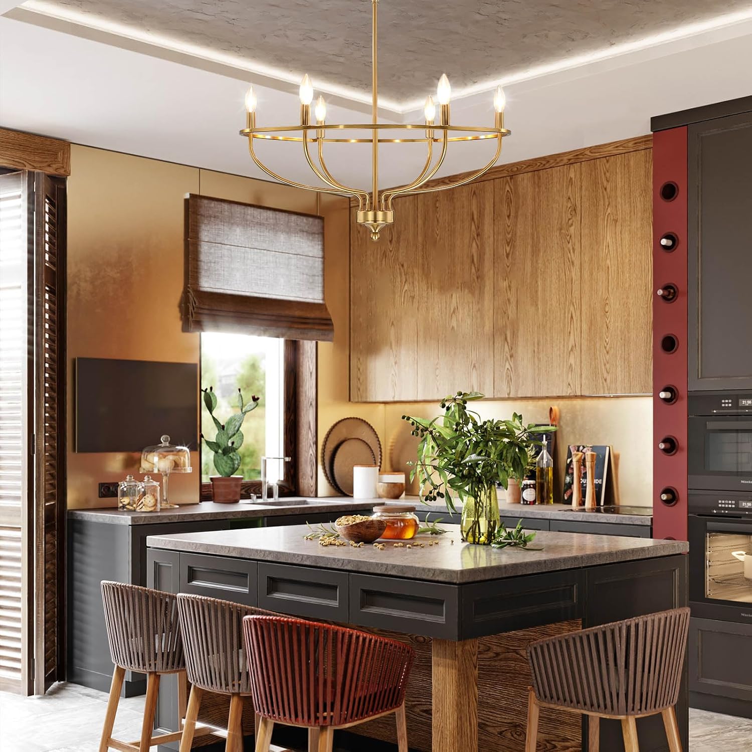 Candelabro dorado para comedor, 28.5 pulgadas de diámetro, moderna, estilo granja, lámpara sobre mesa, lámpara de araña de latón con 6 luces para