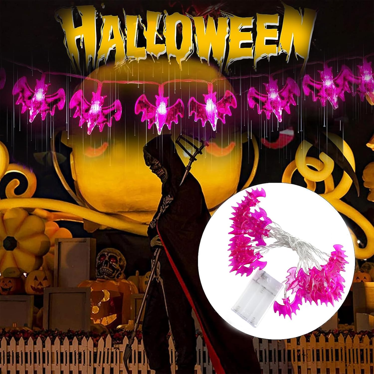 KITCHSTAR Guirnalda de luces de Halloween a pilas de 9.8 pies, 20 luces LED 3D de murciélagos de Halloween, 2 modos de luz, luces de decoración de