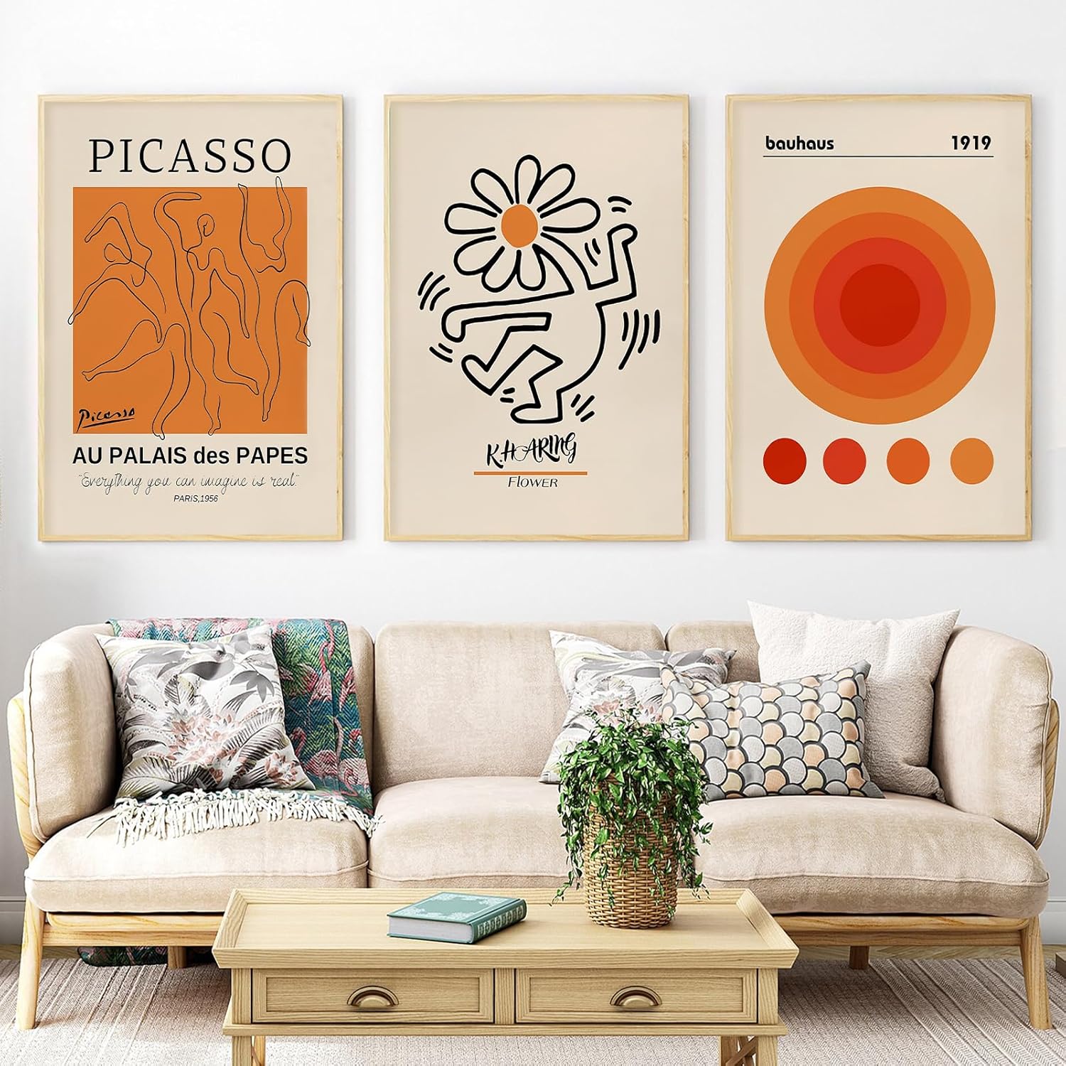 Arte de pared naranja de mediados de siglo, Keith Haring Bauhaus Picasso, arte de pared, póster de la exposición Picasso Bauhaus, lienzo beige y