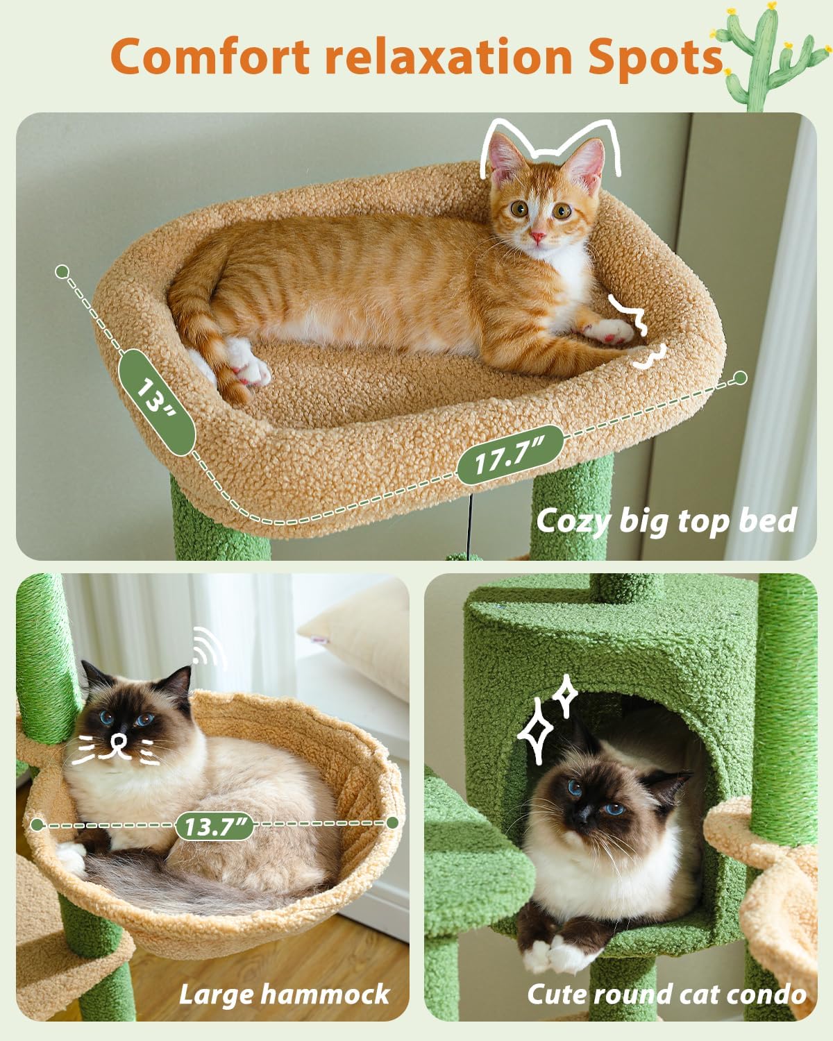 Árbol de cactus para gatos de 59 pulgadas, árbol grande para gatos de interior, torre para gatos grandes, torre para gatos de varios niveles,