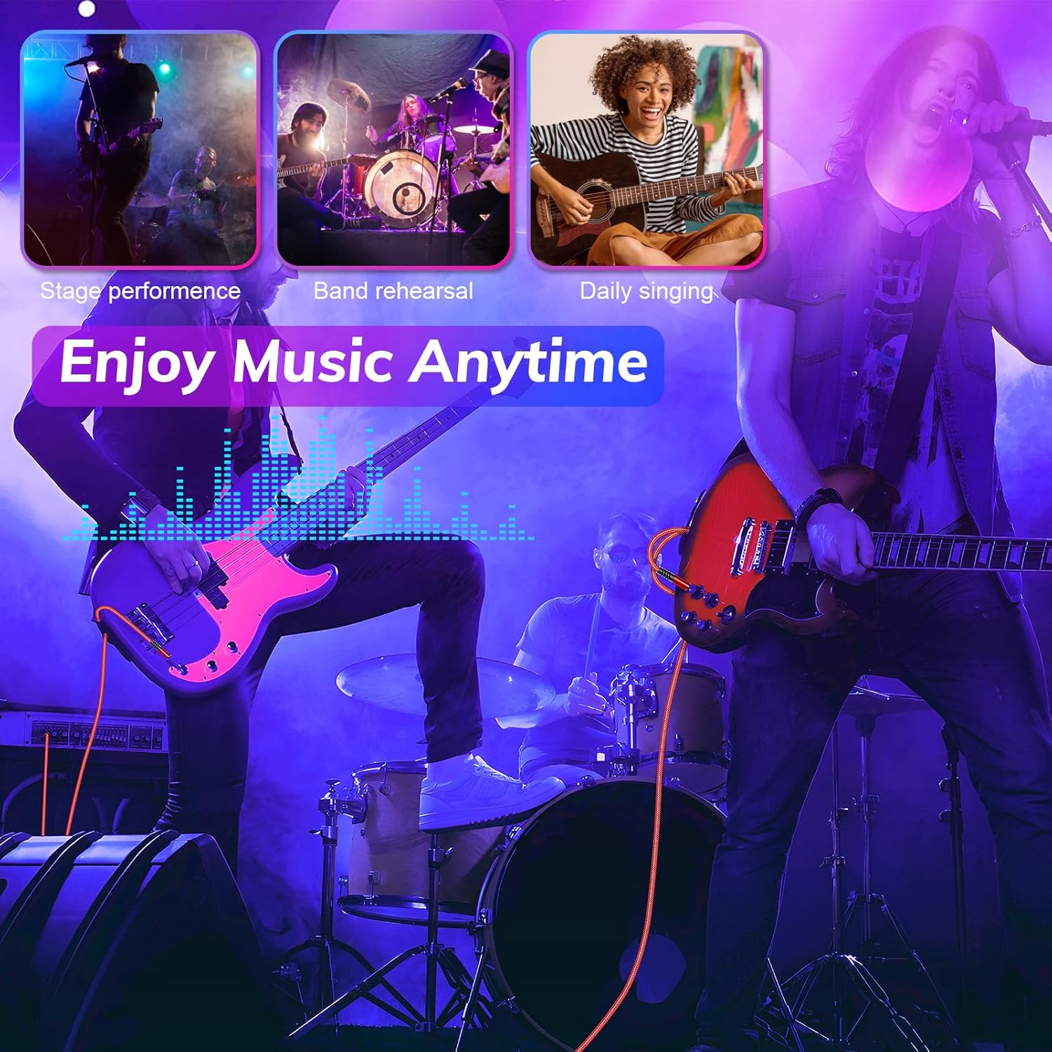 Canjoy Cable de instrumento TRS de 14 de pulgada, paquete de 2 cables de guitarra de 10 pies, macho de 0.250 in a 0.250 in, cable AMP para guitarra