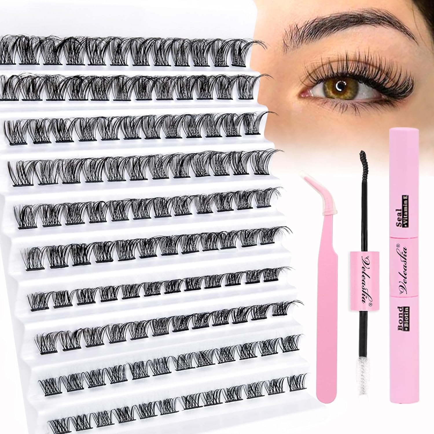 Veleasha Kit de extensiones de pestañas de 120 unidades, para colocar en casa, con unión y sello impermeable, y pinzas para pestañas, rizo D, kit de