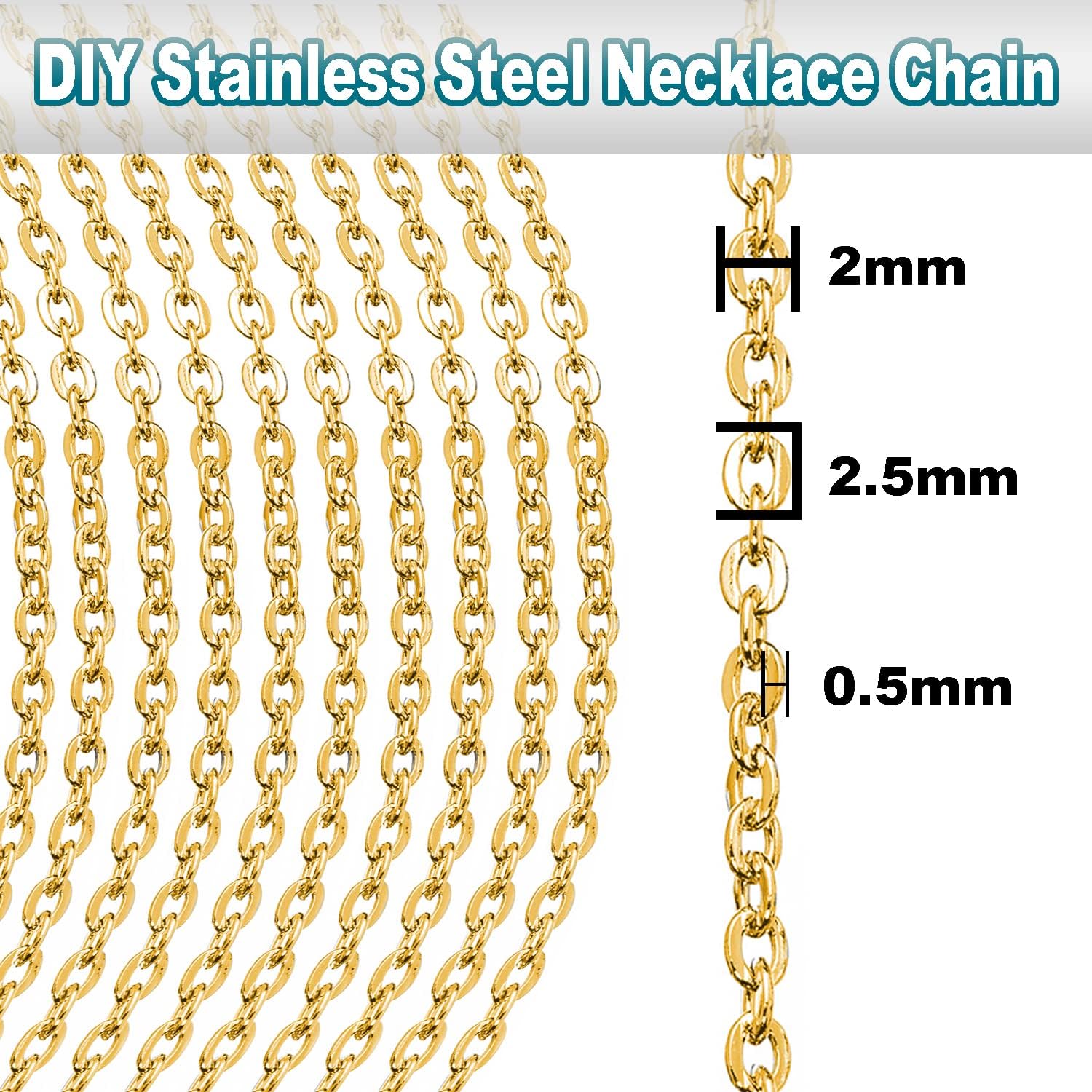 Jishi Cadena de oro de 33 pies de acero inoxidable de 0.079 pulgadas para hacer collares, aretes, pulseras, suministros de manualidades, suministros